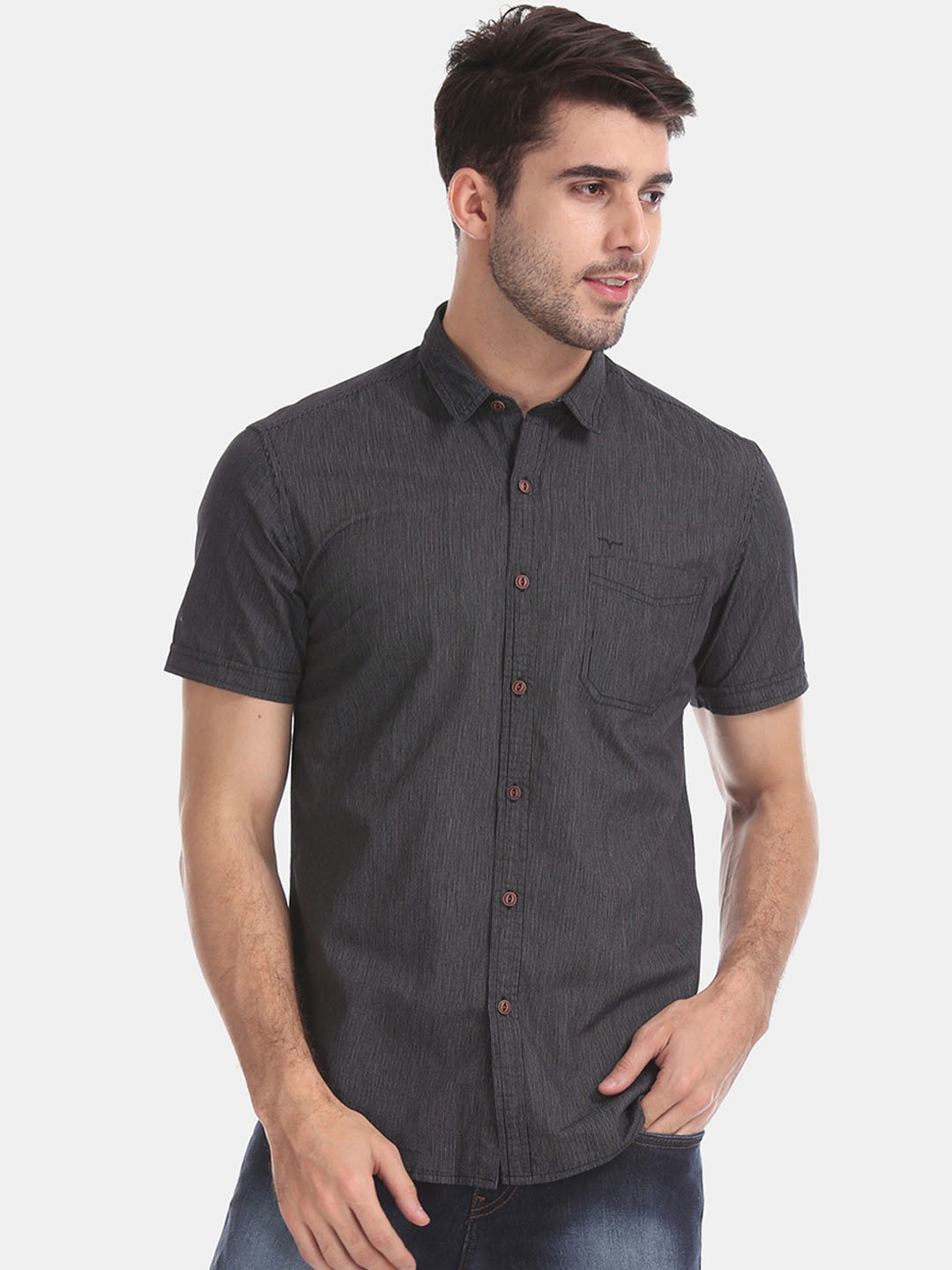 Flying Machine Men Charcoal Striped Regular Fit Casual Shirt