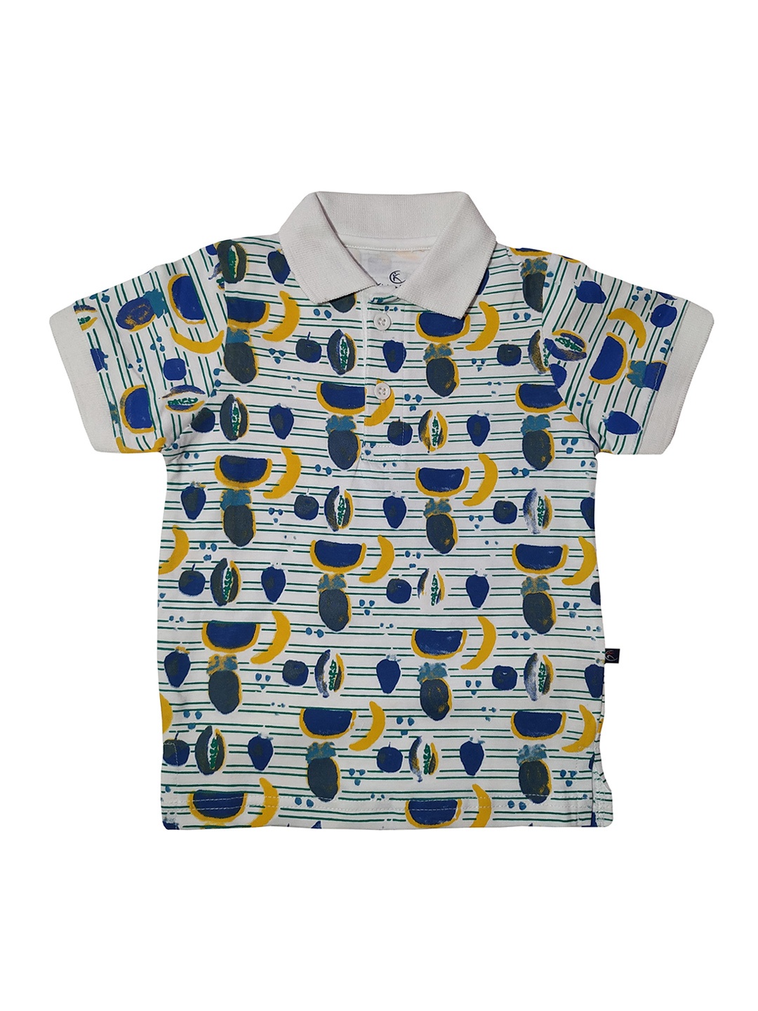 KiddoPanti Boys Off-White Blue Printed Polo Collar Pure Cotton T-shirt