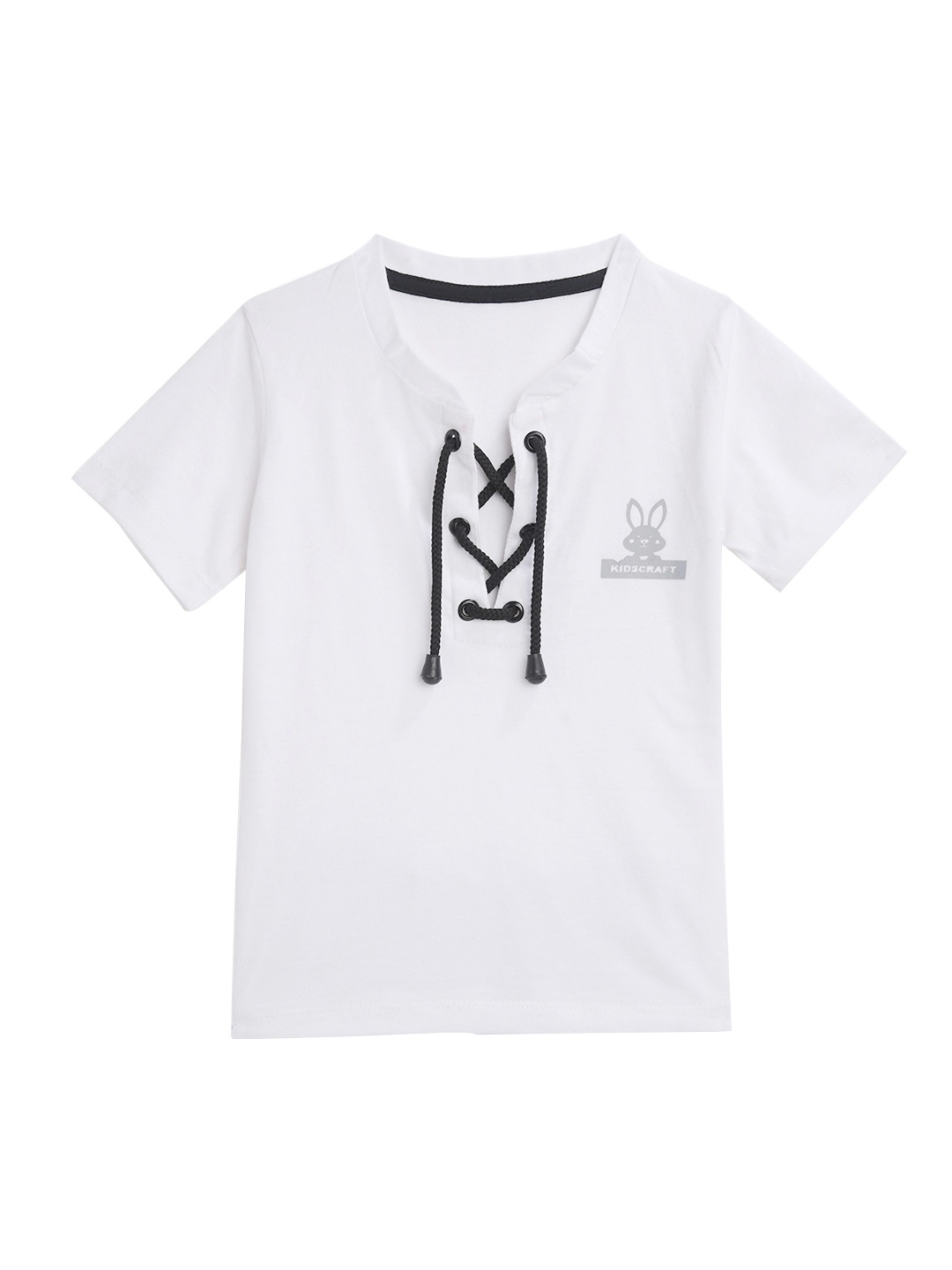 KIDSCRAFT Boys White Printed Mandarin Collar T-shirt