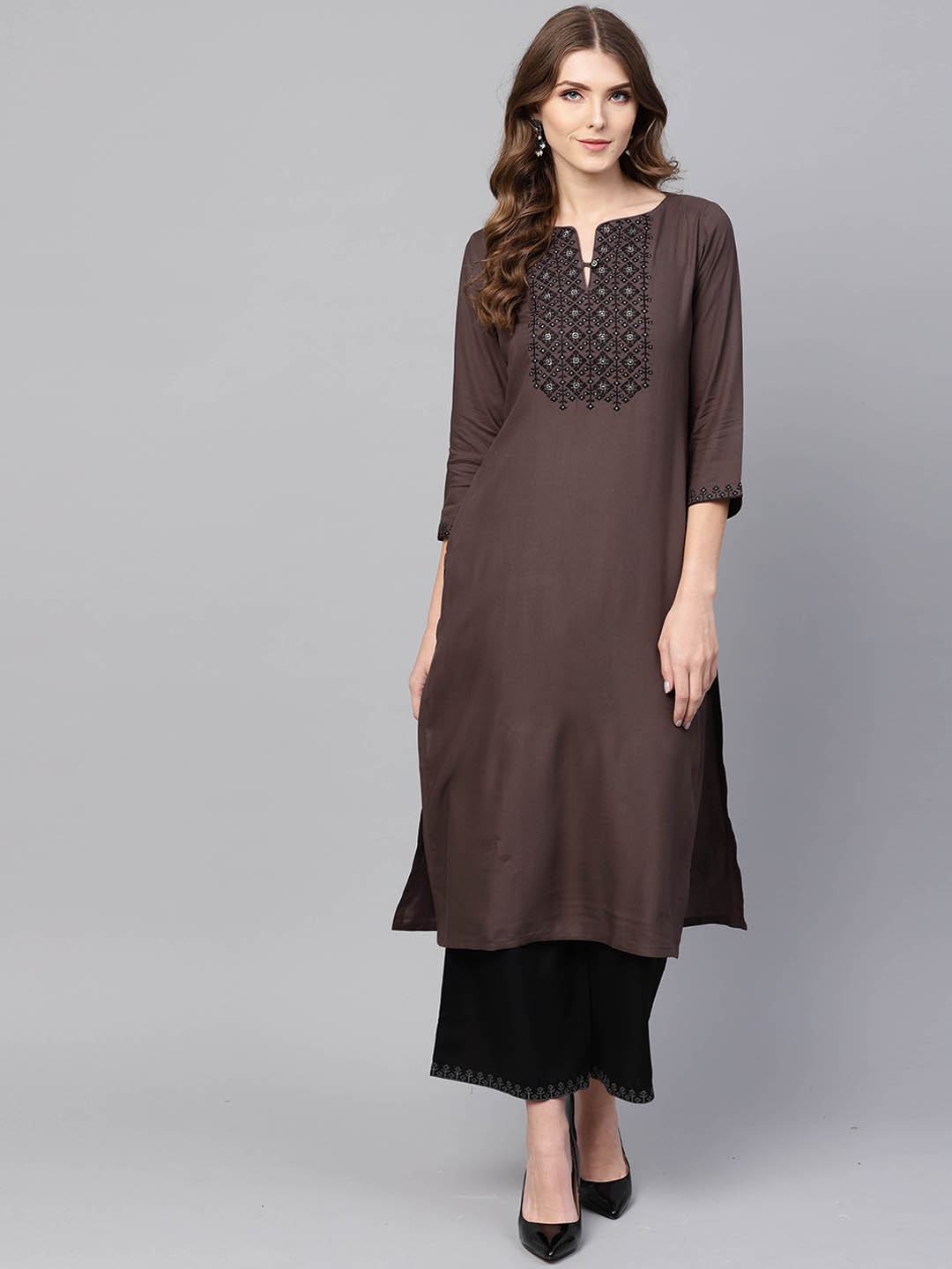 Indo Era Women Taupe Yoke Design Straight Kurta