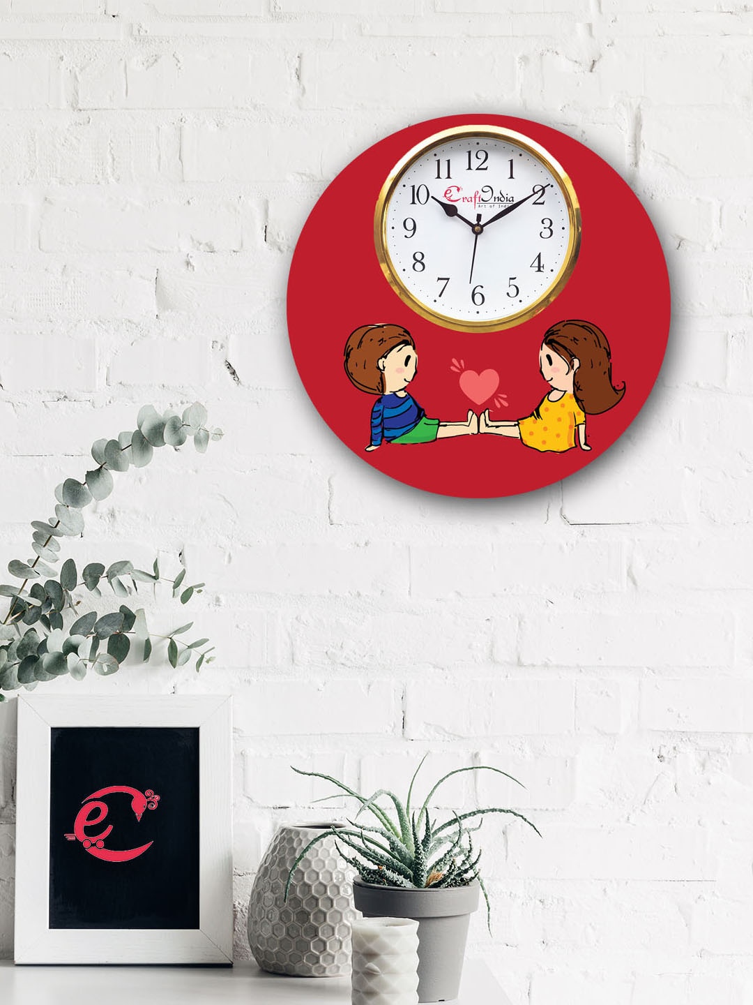 eCraftIndia Red & White Handcrafted 30.48 cm Round Printed Analogue Wall Clock