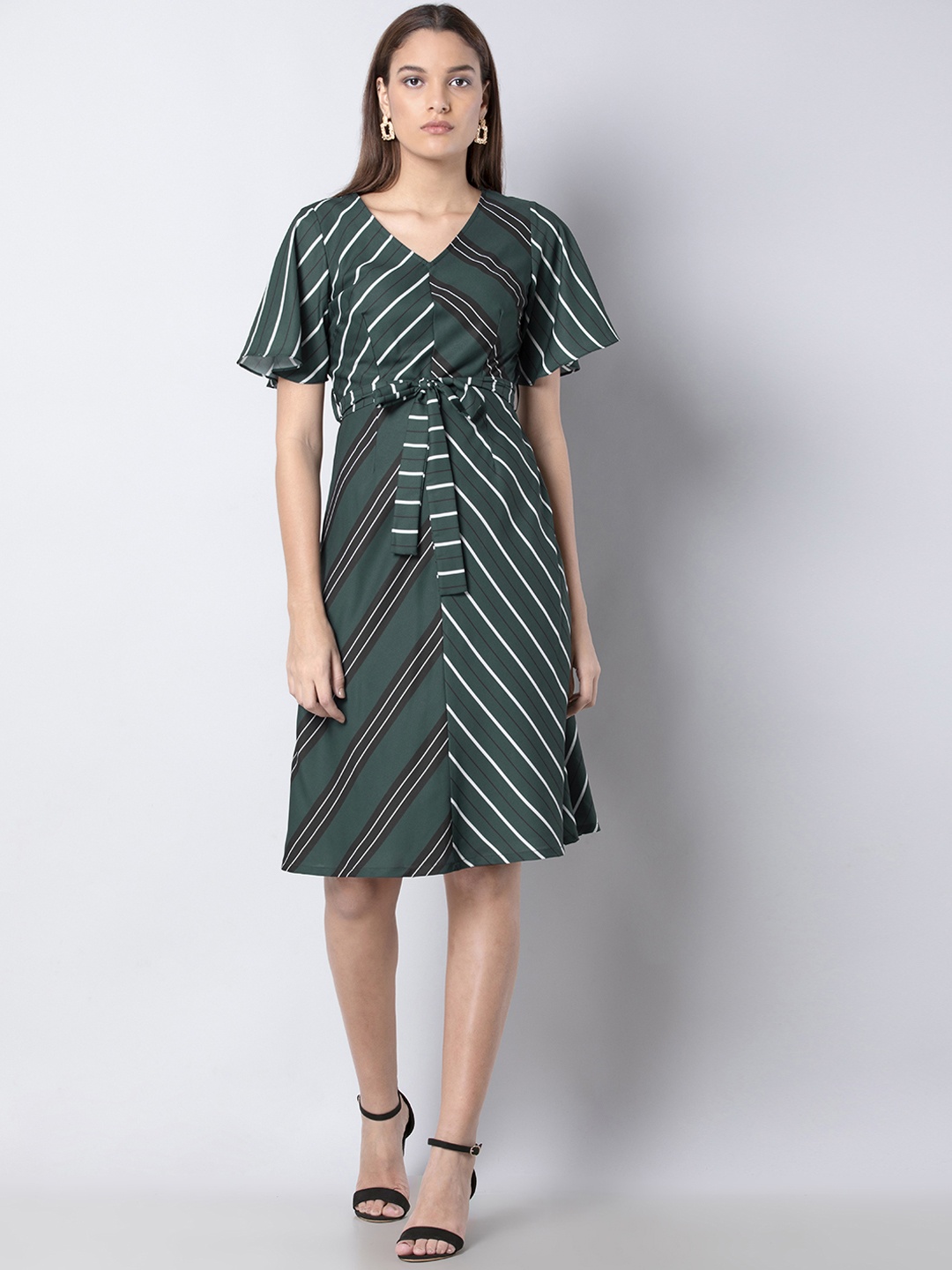 FabAlley Women Green & White Striped A-Line Dress