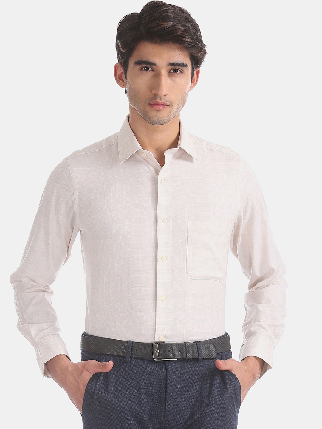 Arrow Men Beige Regular Fit Checked Casual Shirt