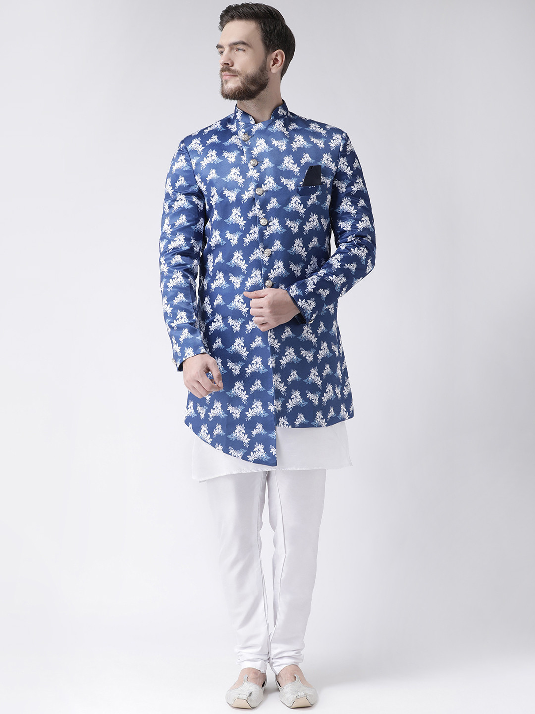 Hangup Men Blue & White Printed Sherwani Set 
Hangup Men Blue & White Printed Sherwani Set
