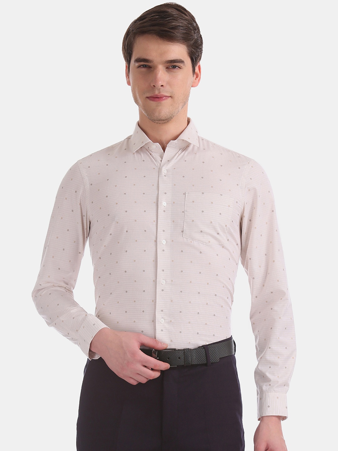 Arrow New York Men Beige Slim Fit Printed Formal Shirt