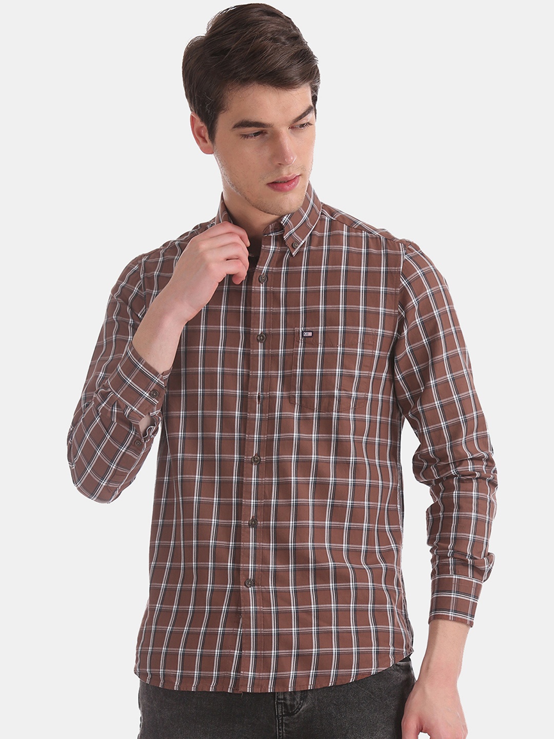 Arrow Sport Men Brown & Grey Slim Fit Checked Casual Shirt