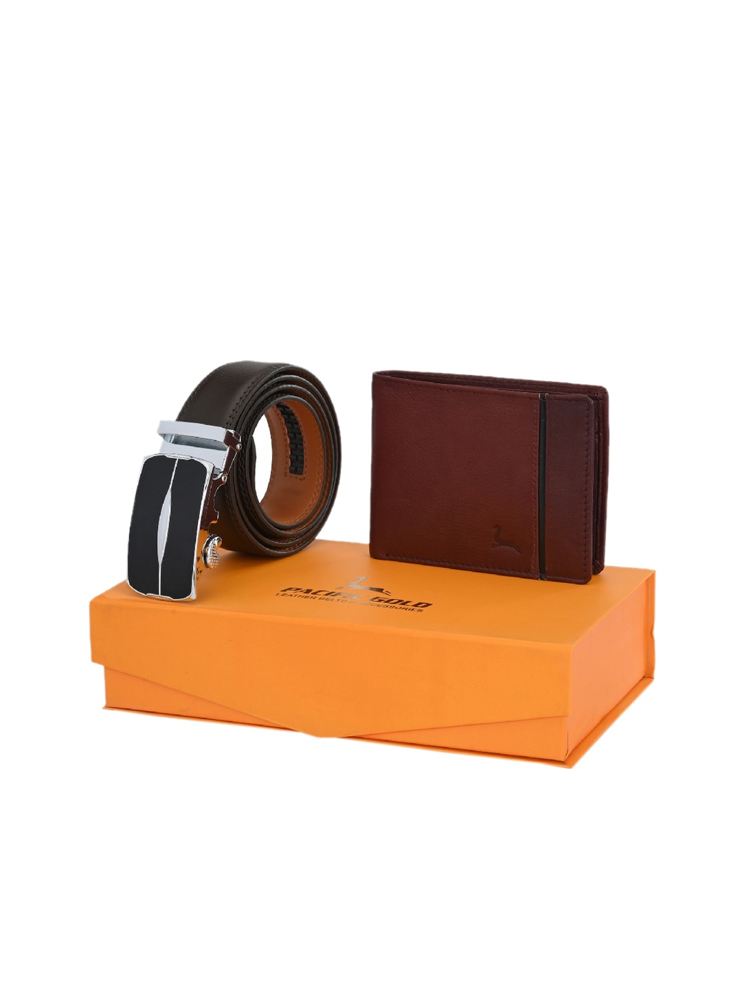 Pacific Gold Men Brown Solid Leather Auto-LockBelt & Wallet Accessory Gift Set
Pacific Gold Men Brown Solid Leather Auto-LockBelt & Wallet Accessory Gift Set