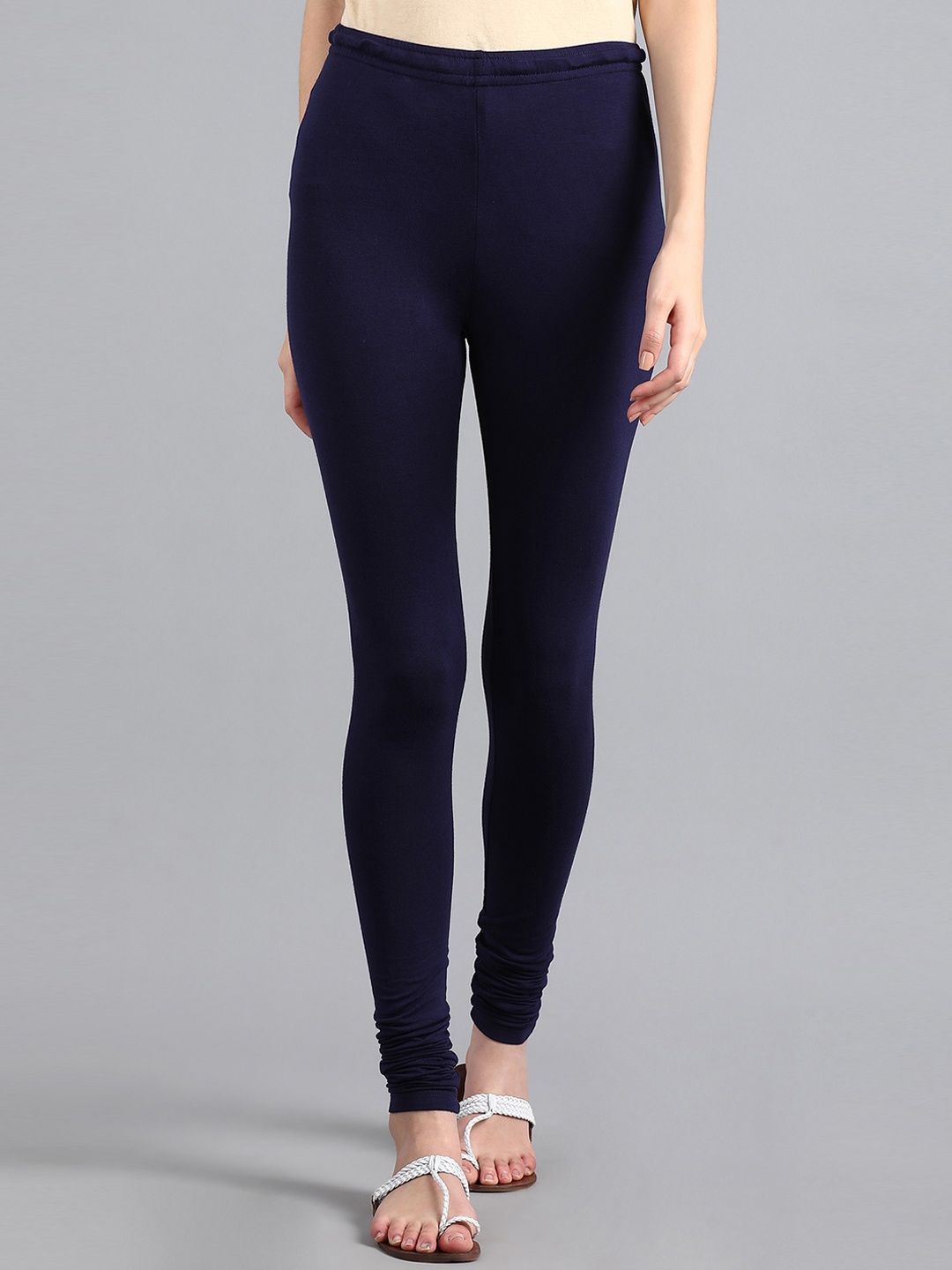 WISHFUL Women Navy Blue Solid Knitted Churidar-Length Leggings