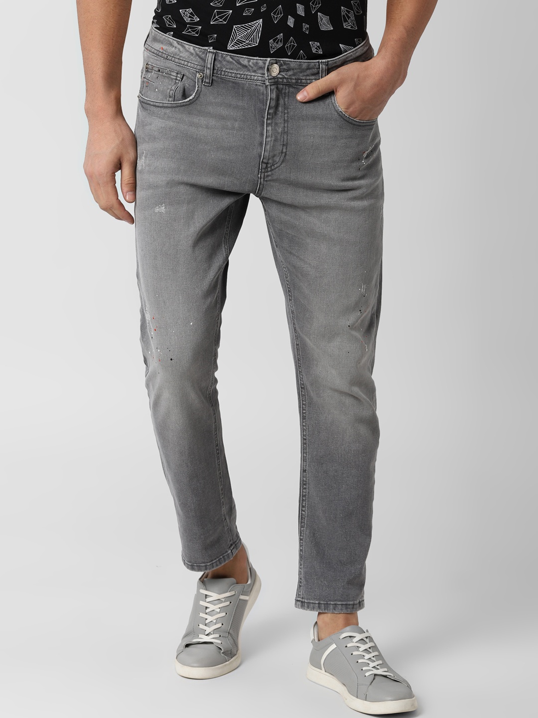 Peter England Casuals Men Grey Slim Fit Mid-Rise Low Distress Stretchable Jeans
