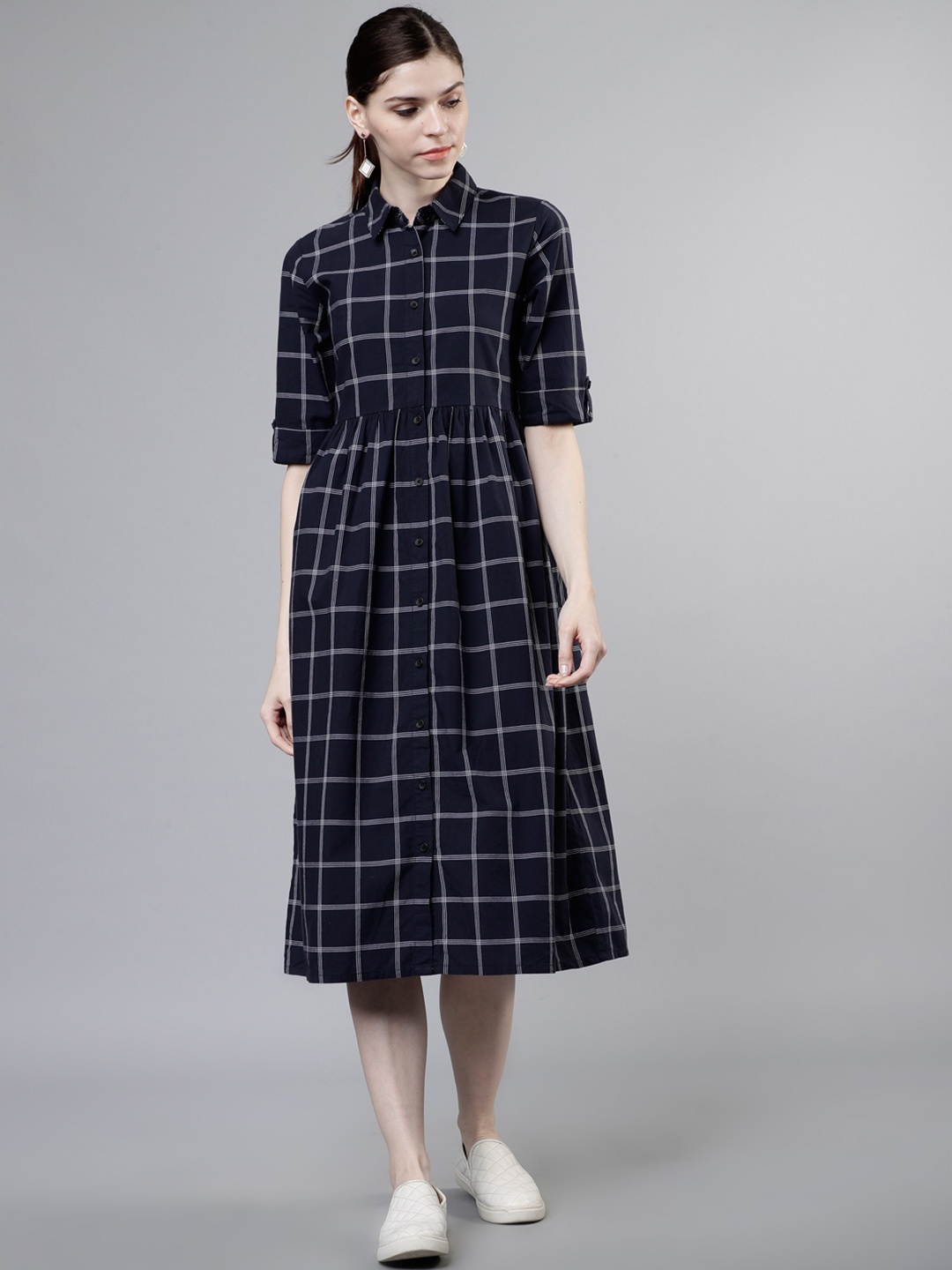 Tokyo Talkies Women Navy Blue Checked Shirt Dress