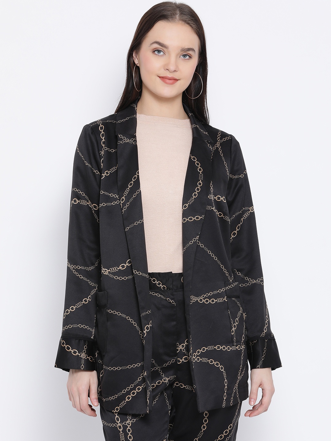 Oxolloxo Women Black Printed Open-Front Blazer