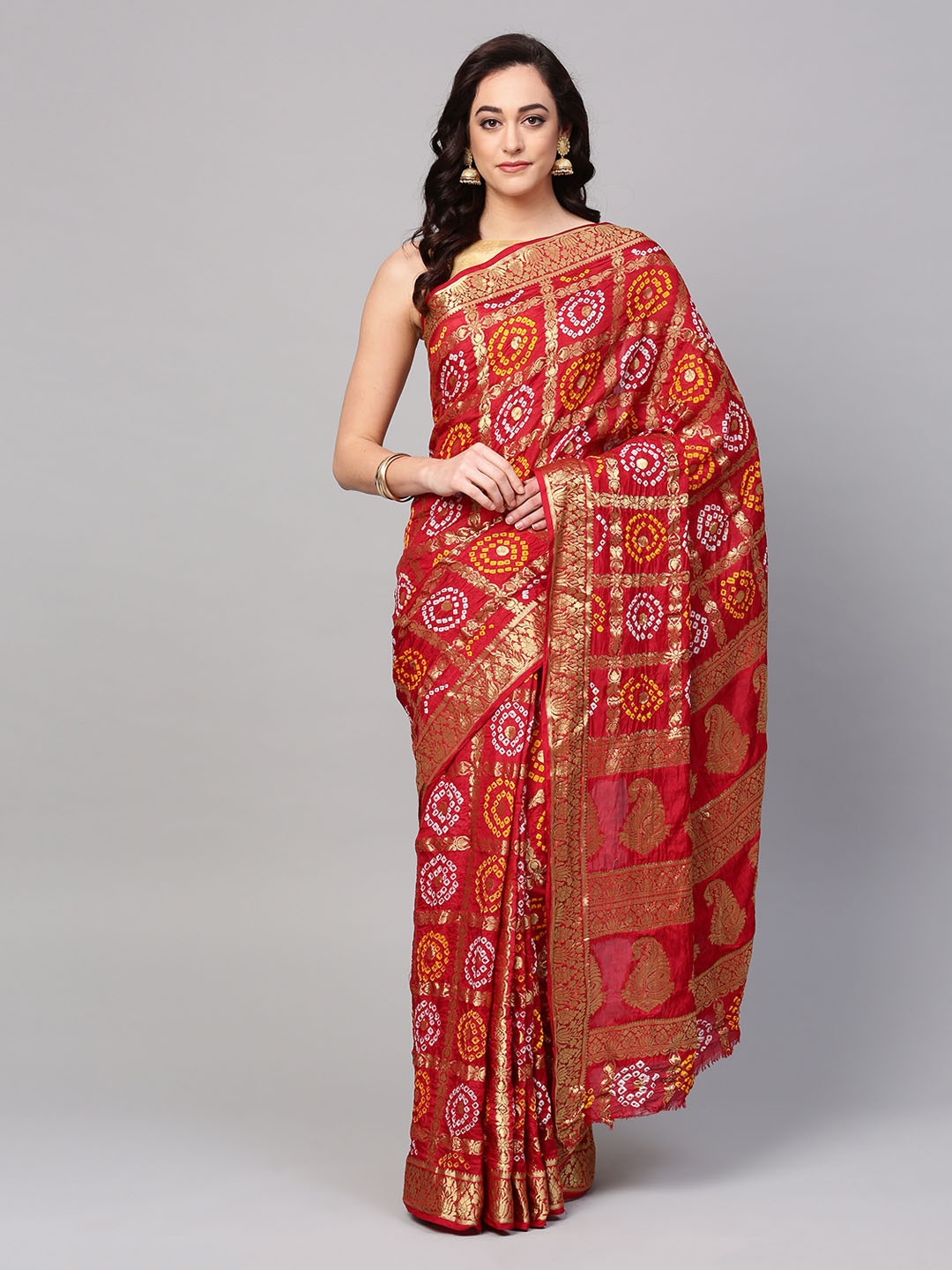 Geroo Jaipur Hand Dyed Red Bandhani Silk Gharchola Saree, Maroon