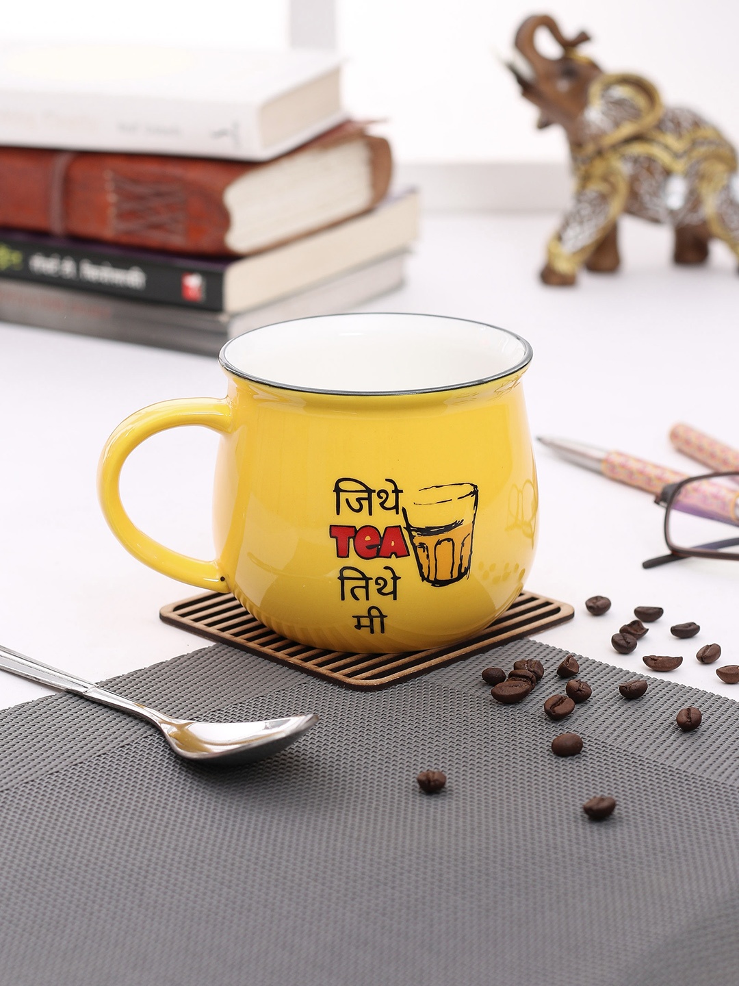 JCPL Yellow 2-Pieces Printed Porcelain Mugs Set