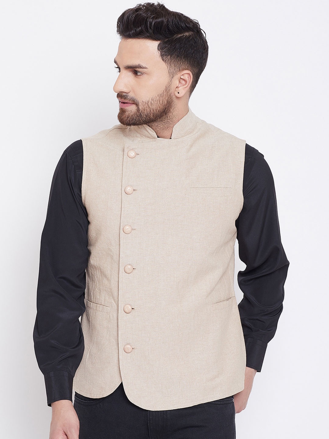 Hypernation Men Beige Solid Pure Cotton Waistcoat