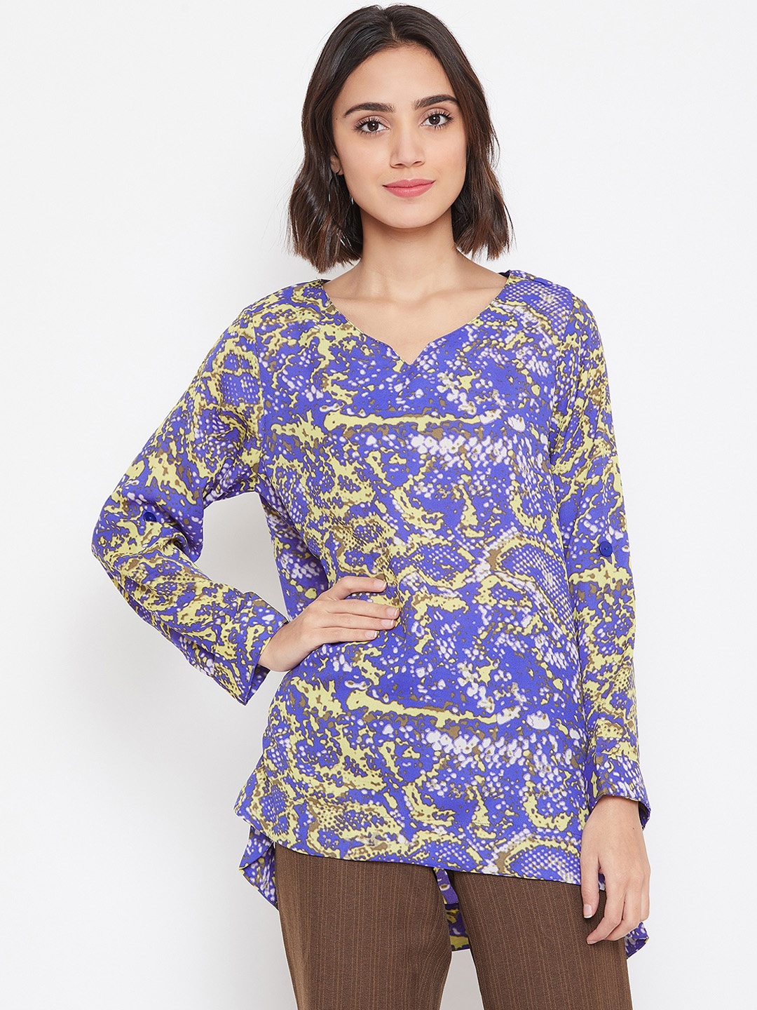 Ruhaans Women Blue & Yellow Printed High-Low Top