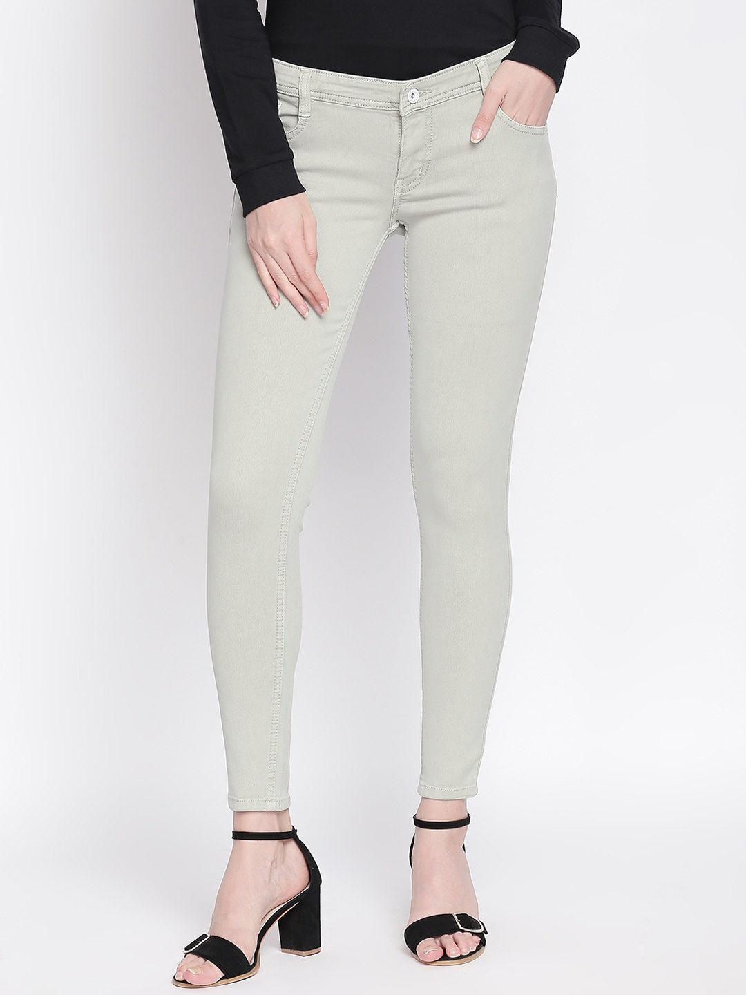 High Star Women Grey Slim Fit Mid-Rise Clean Look Stretchable Jeans, Green