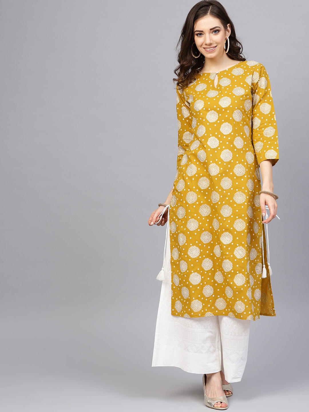 Varanga Women Mustard Yellow & White Printed Kurta with Palazzos