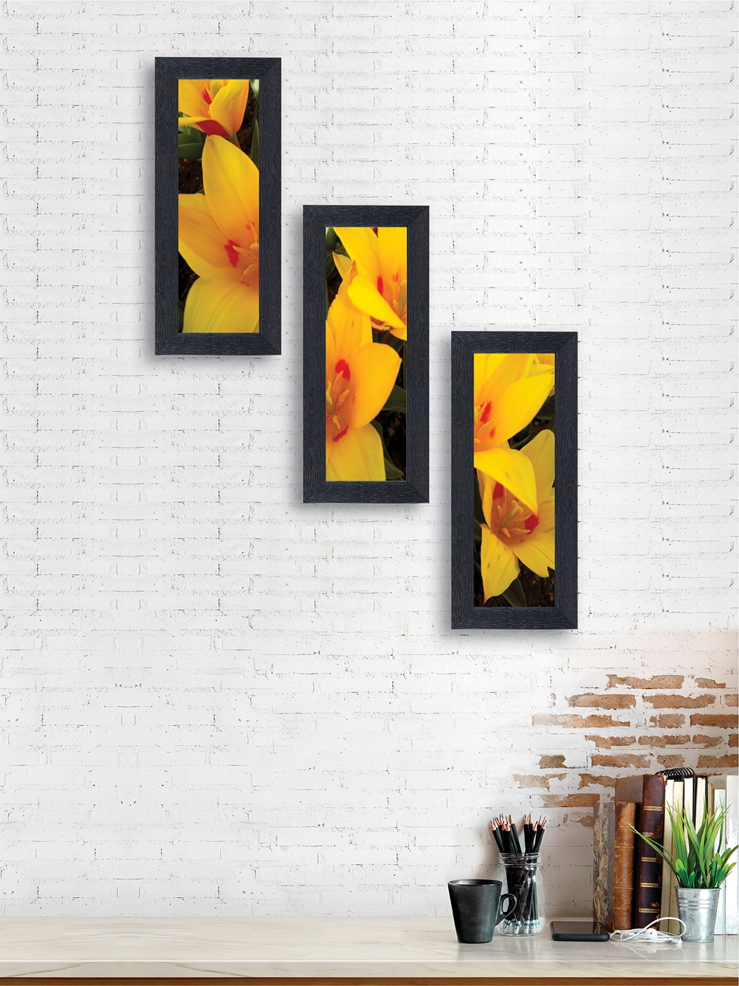 nest ART Set of 3 Yellow & Green Floral Synthetic Wood Wall Art