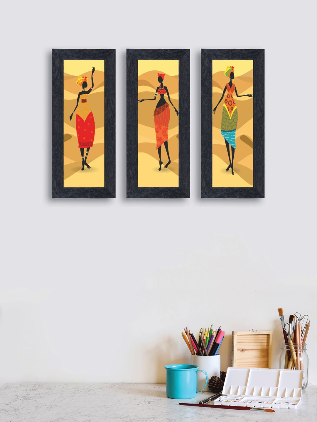 nest ART Set of 3 Beige & Orange Textured Frame African Lady Wall Painting