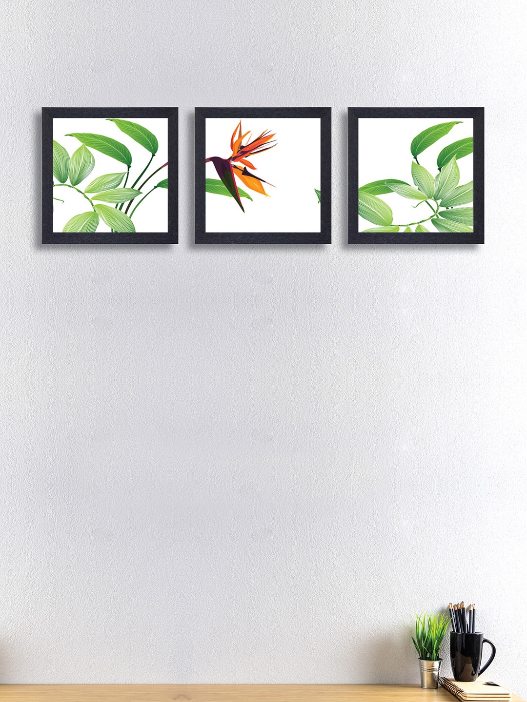 nest ART Set of 3 Green & Orange Abstract Synthetic Wood Wall Art