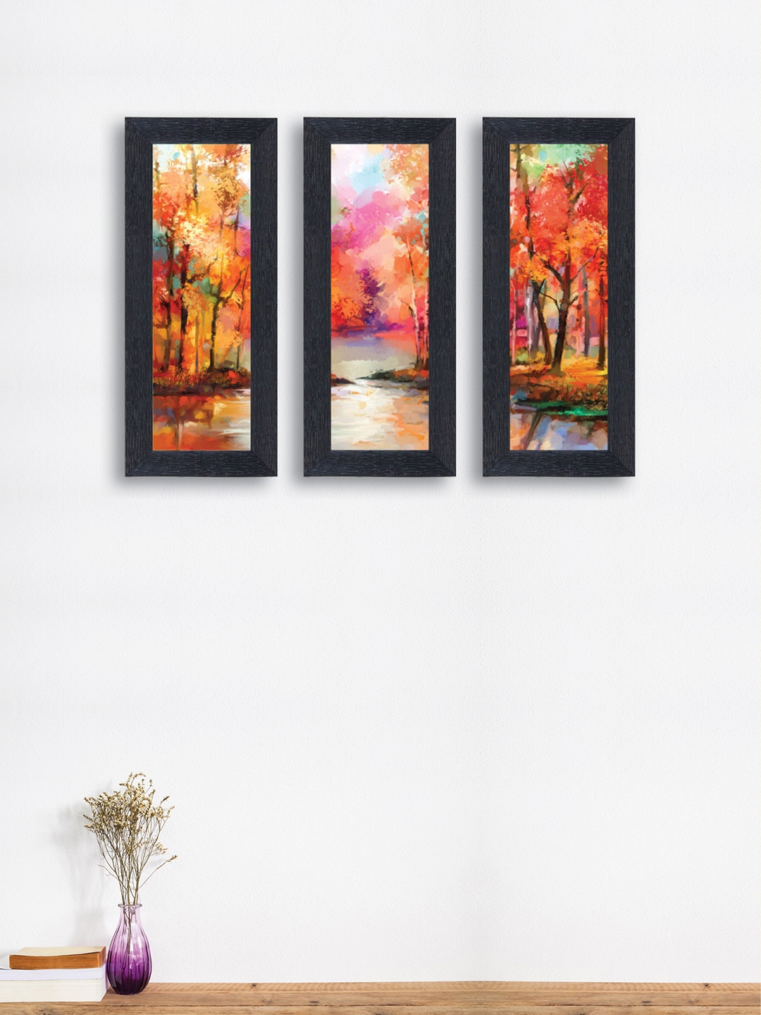 nest ART Set of 3 Orange & Pink Abstract Nature Synthetic Wood Wall Art