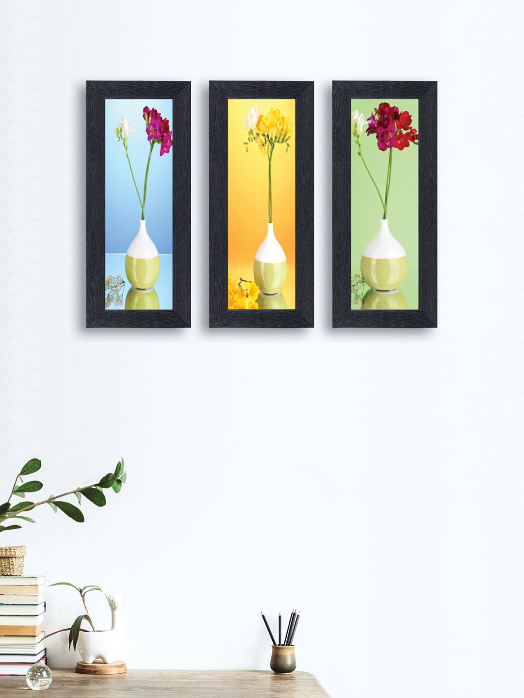 nest ART Set of 3 White & Green Textured Frame Beautiful Flowers in Pot Wall Art