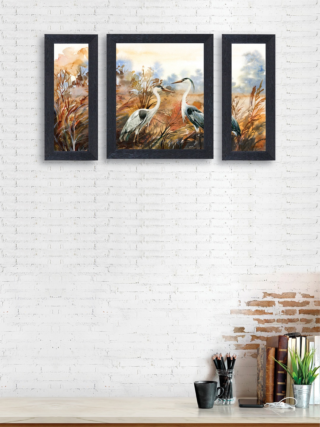 nest ART Set of 3 Brown & White Bird Couple Synthetic Wood Wall Art