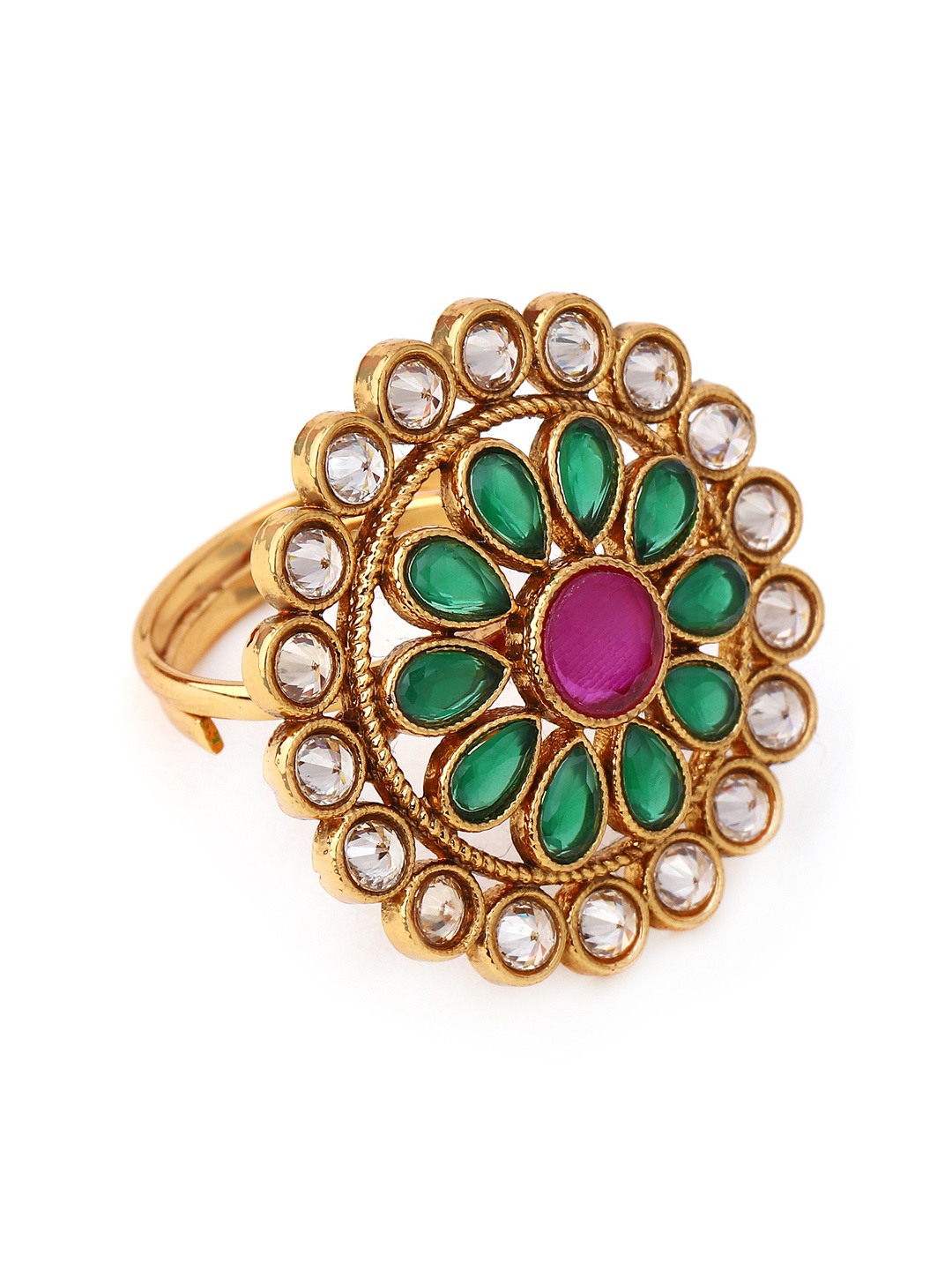 Rubans Women Green & Magenta Artificial Stone Studded Gold-Plated Handcrafted Finger Ring
Rubans Women Green & Magenta Artificial Stone Studded Gold-Plated Handcrafted Finger Ring