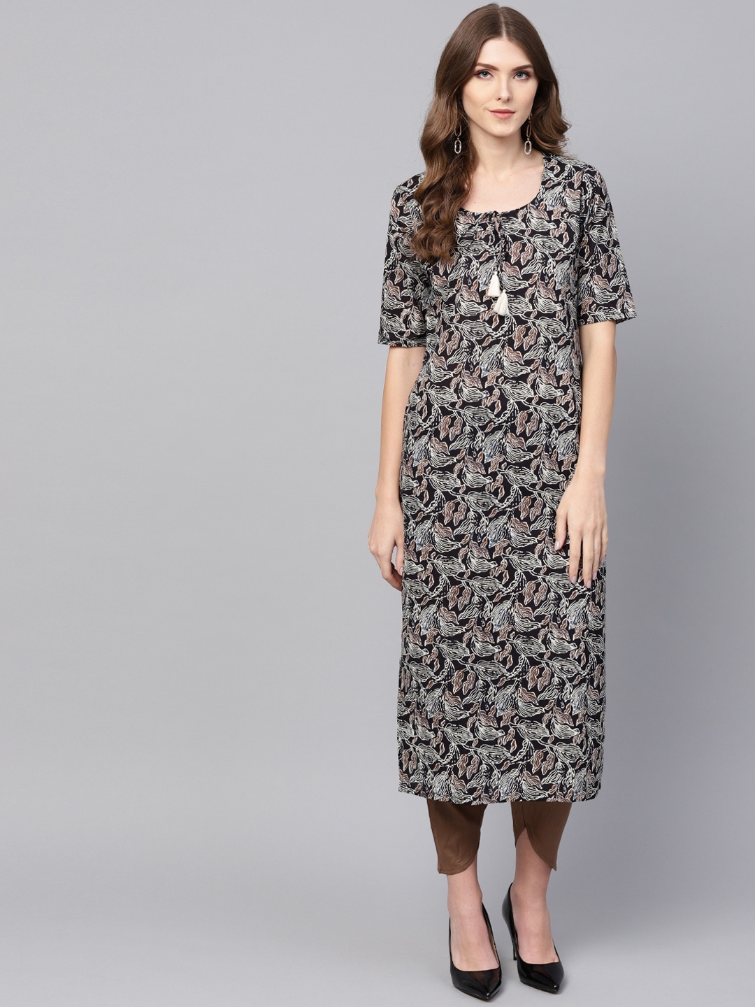 Indo Era Women Black & Brown Printed Straight Kurta