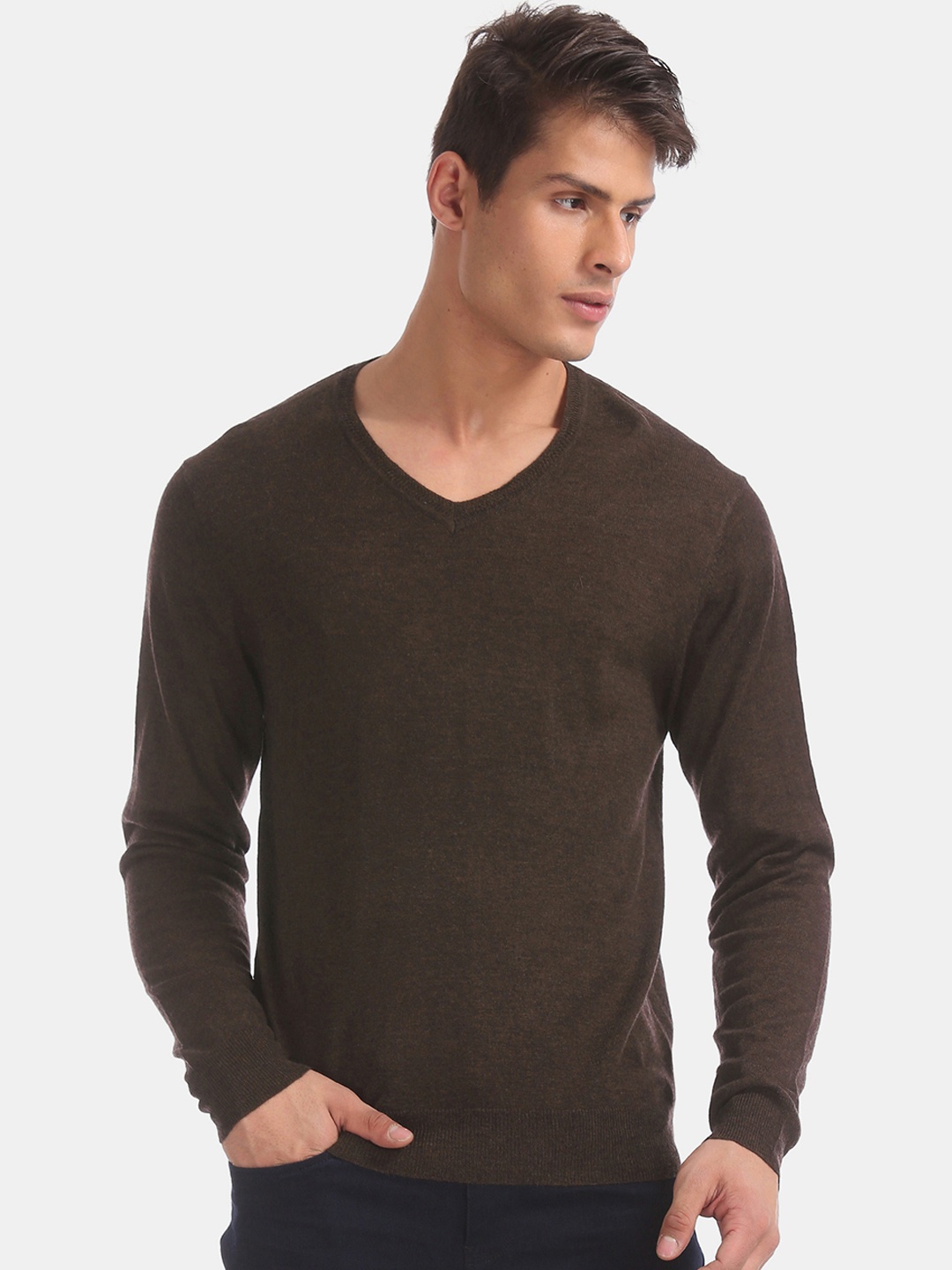 Arrow Men Brown Solid Pullover Sweater