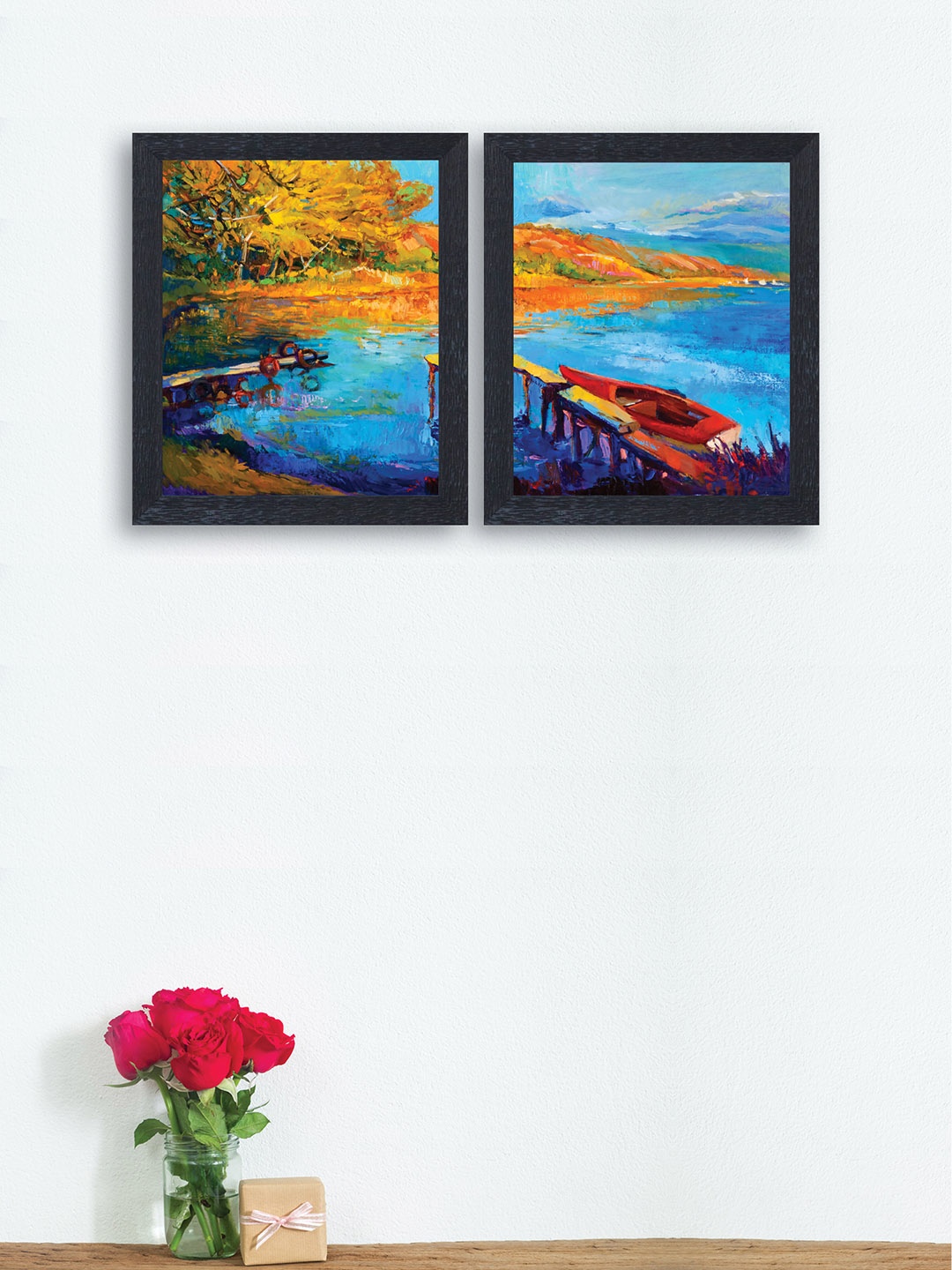 nest ART Set of 2 Blue & Mustard-Coloured Landscape Framed Paintings