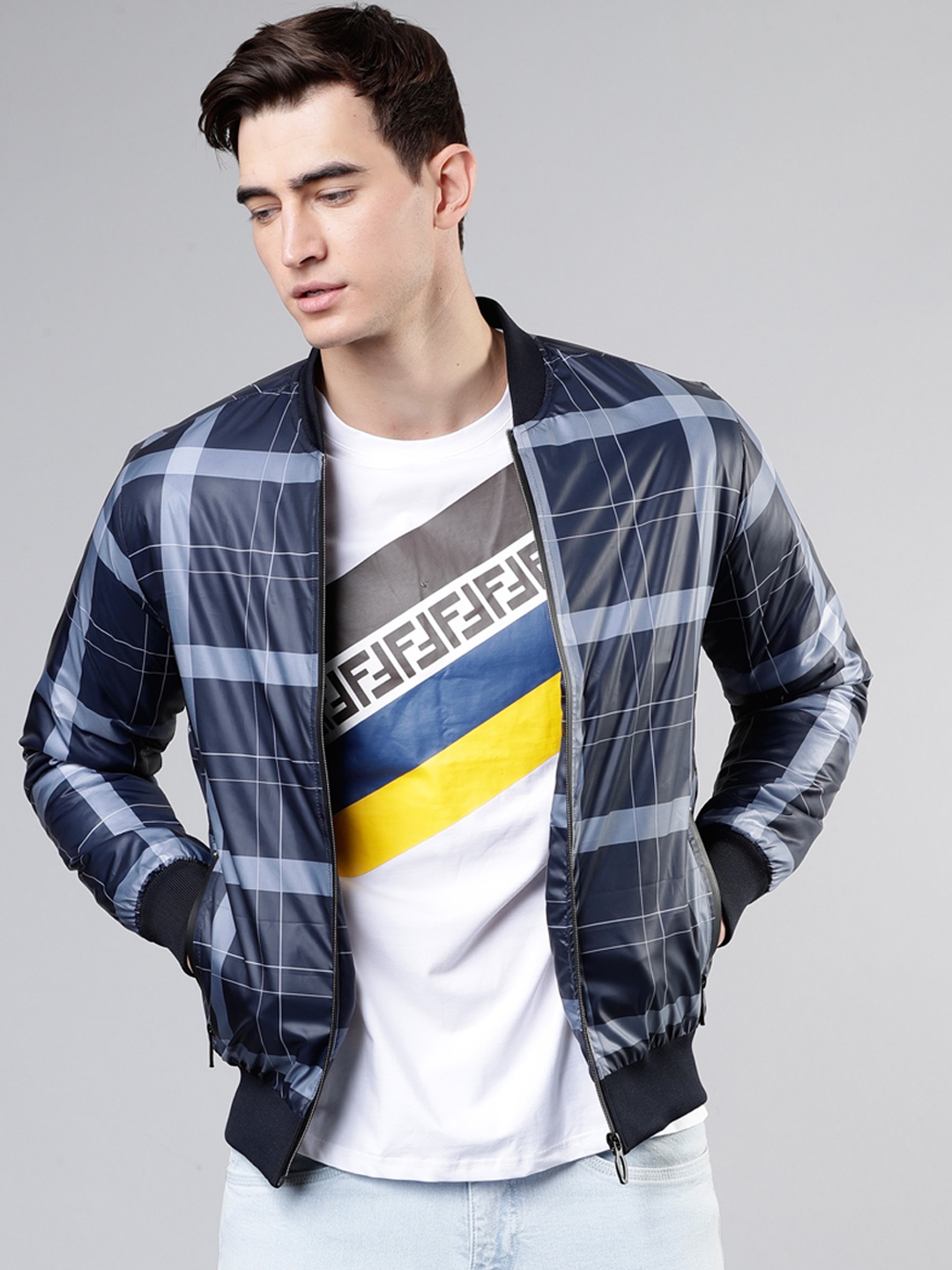 HIGHLANDER Men Navy Blue Checked Bomber Jacket