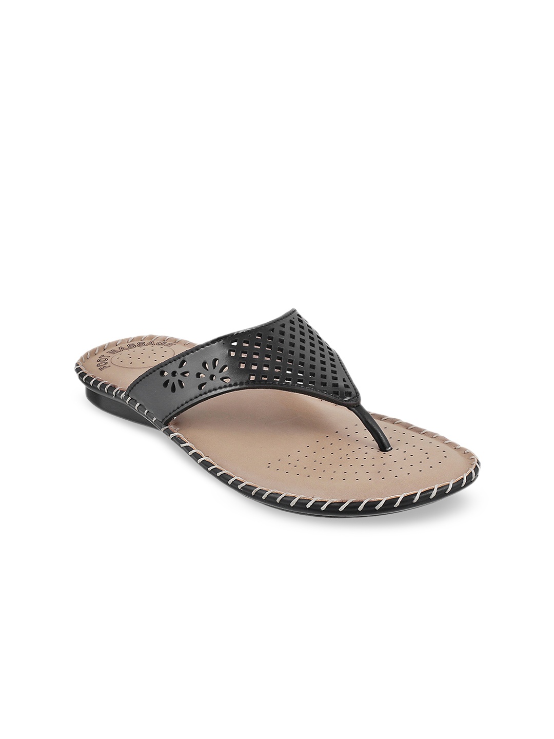 WALKWAY by Metro Women Black Textured T-Strap Flats
