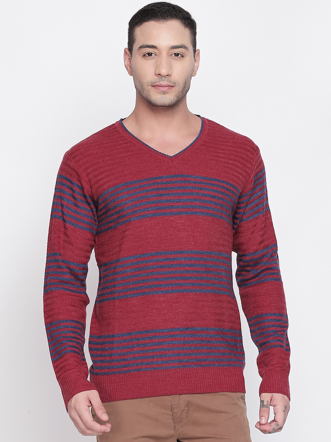BYFORD by Pantaloons Men Maroon & Blue Striped Pullover Sweater