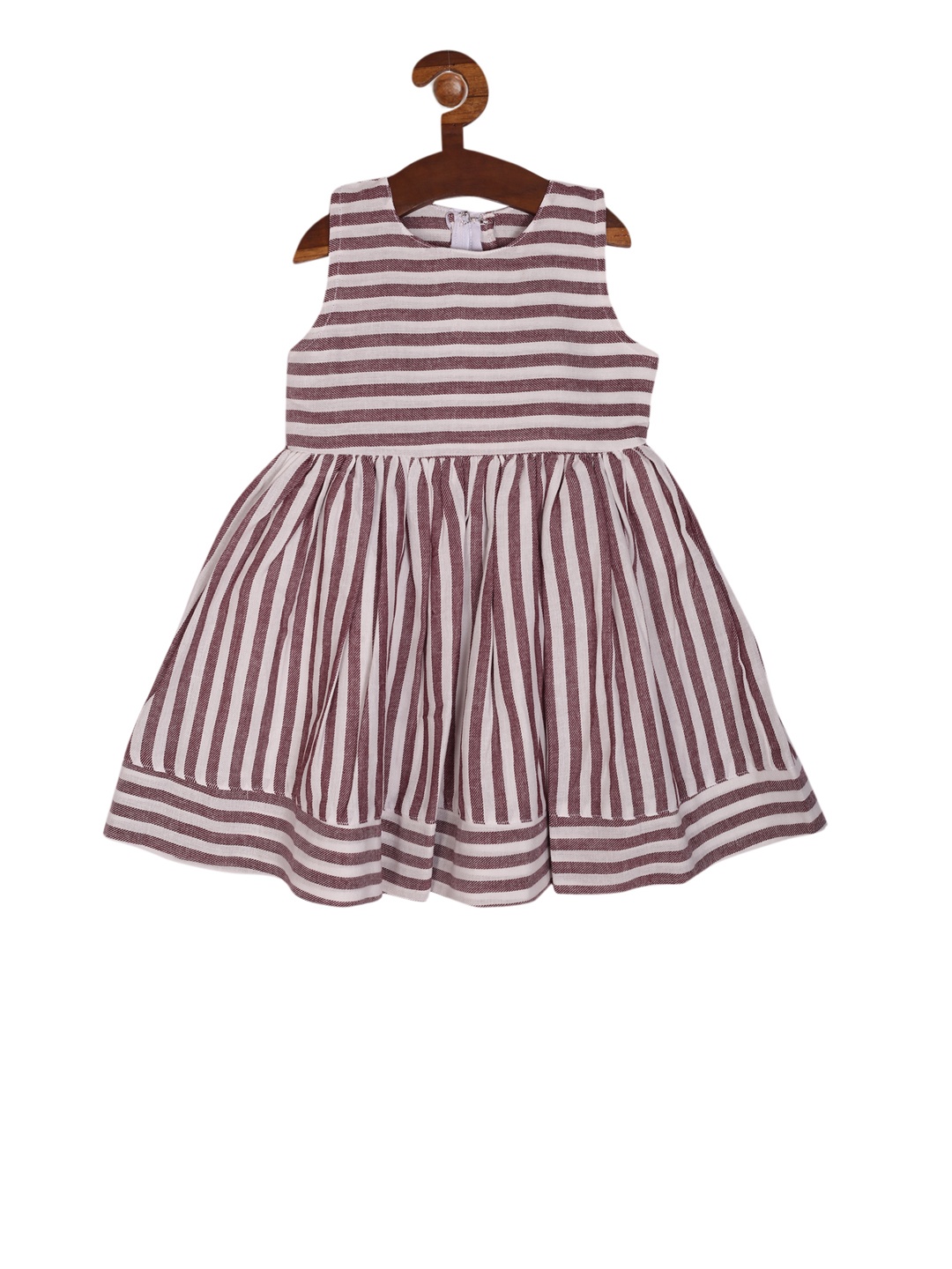 RIKIDOOS Girls Off-White & Maroon Striped Fit and Flare Dress