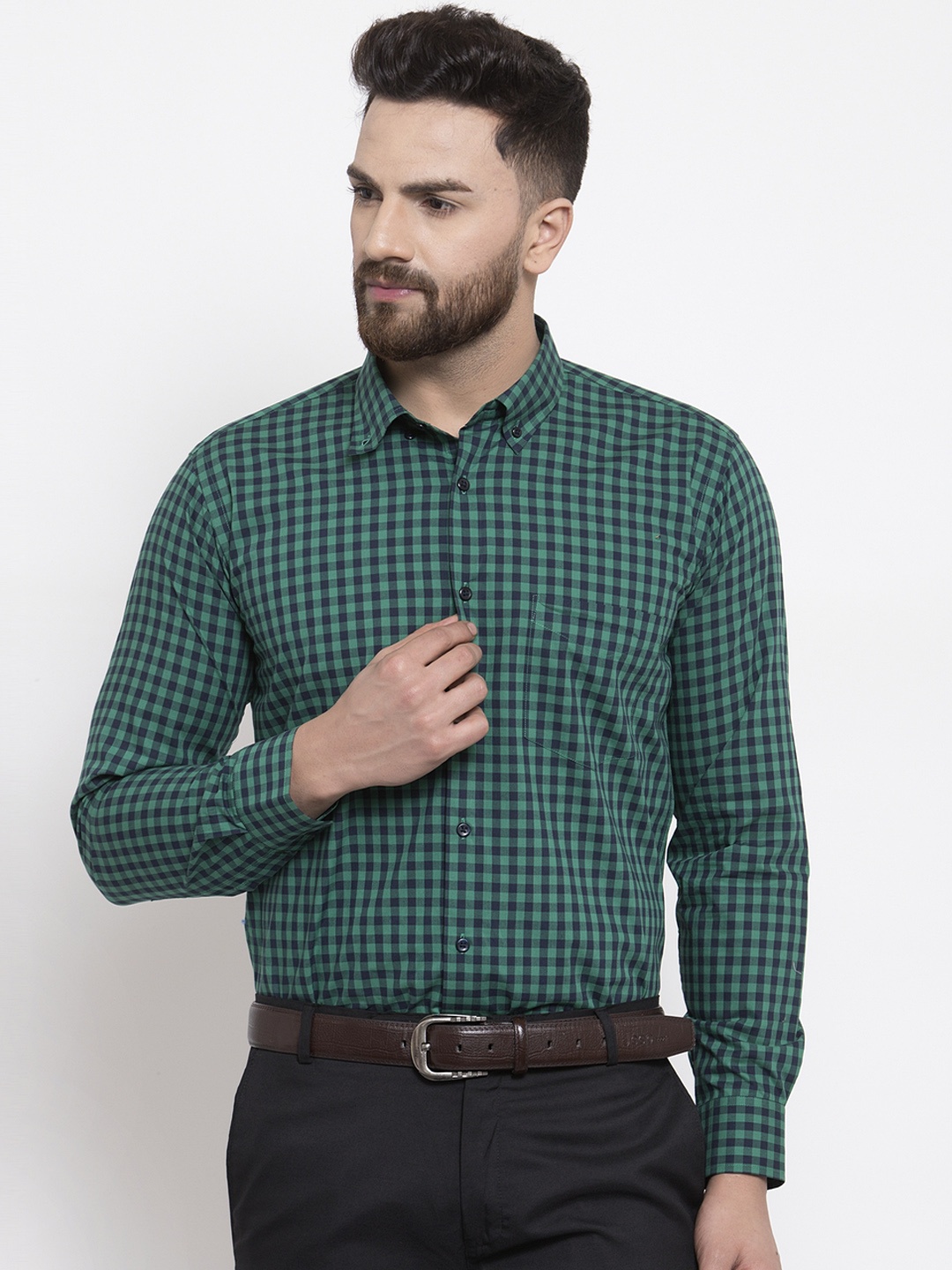 Hancock Men Green & Navy Blue Slim Fit Checked Formal Shirt