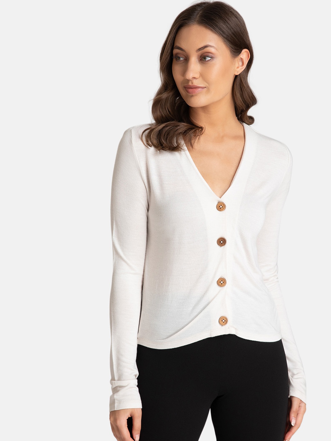 Kazo Women White Solid Cardigan Sweater