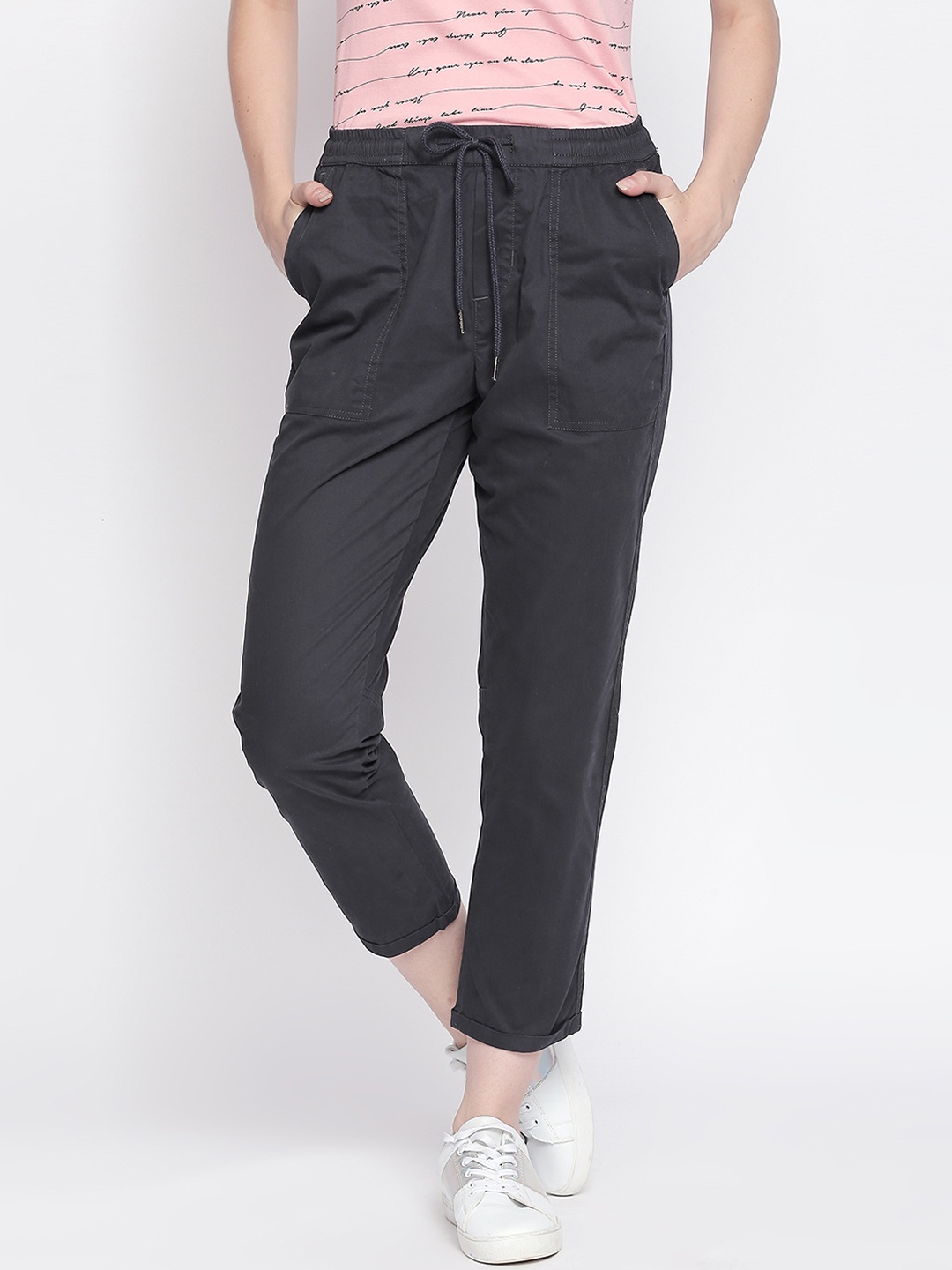 Honey by Pantaloons Women Charcoal Grey Regular Fit Solid Cigarette Trousers