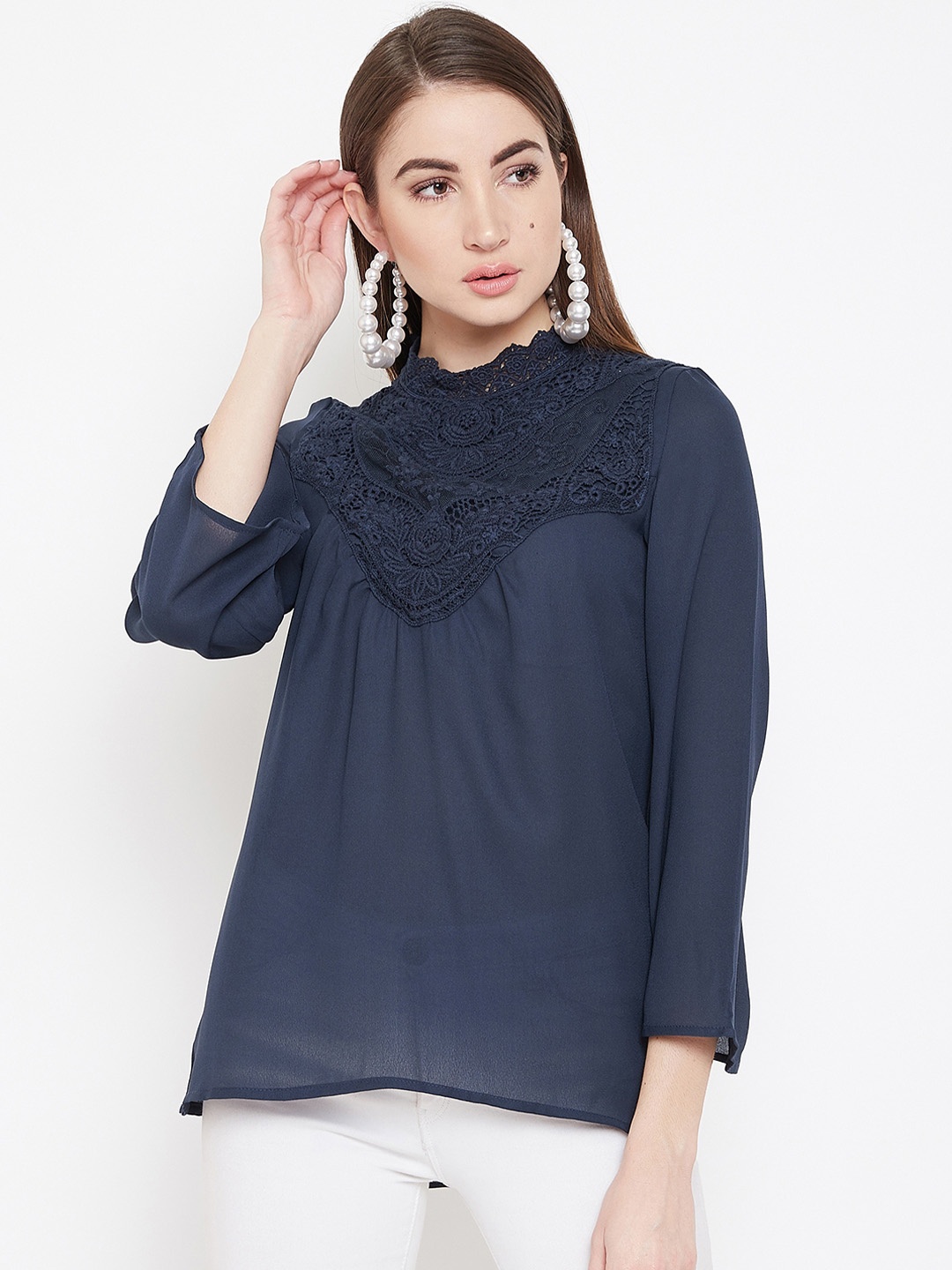 PURYS Women Navy Blue Self Design Top
