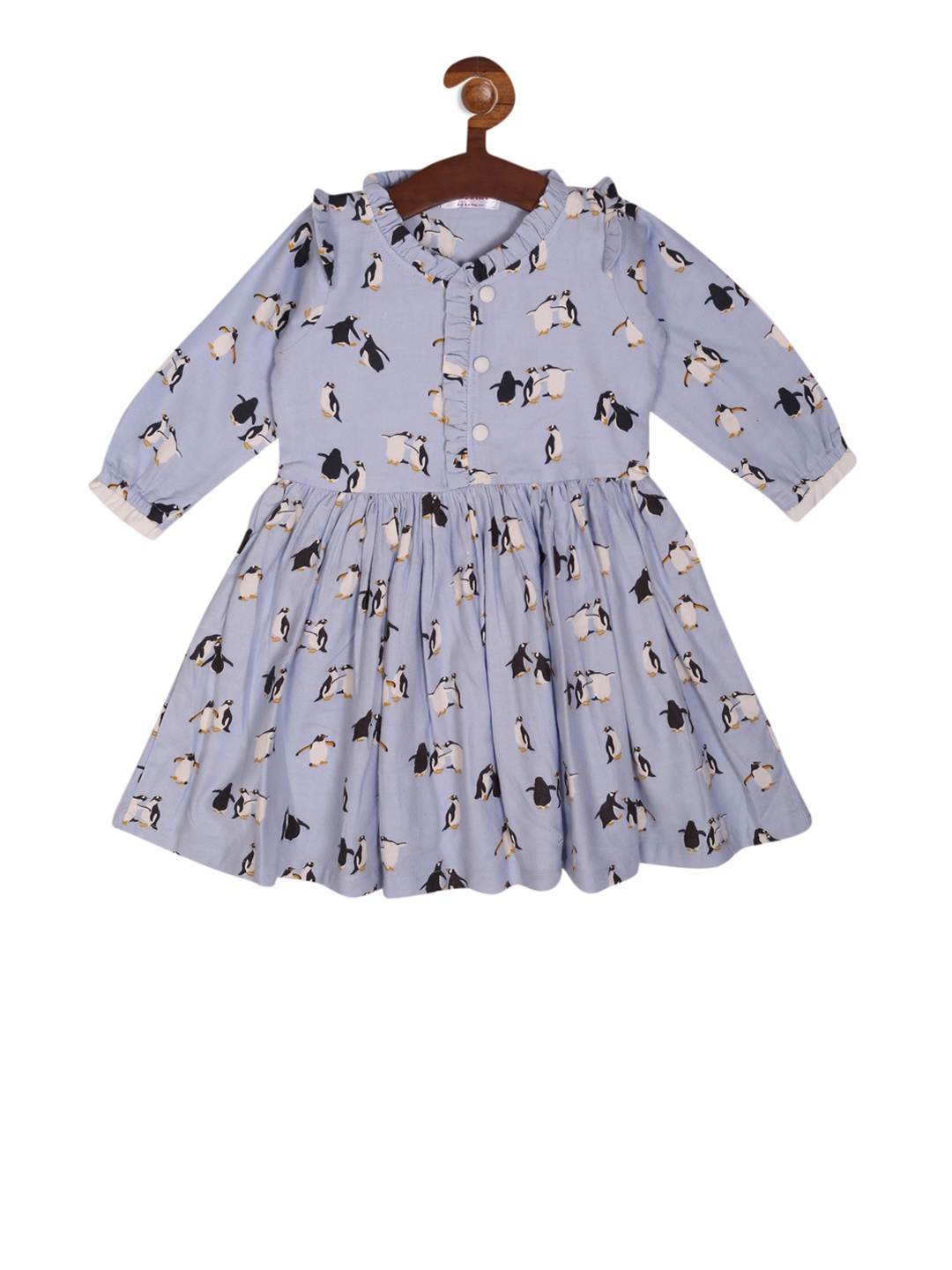 RIKIDOOS Girls Blue Penguin Print Fit and Flare Dress