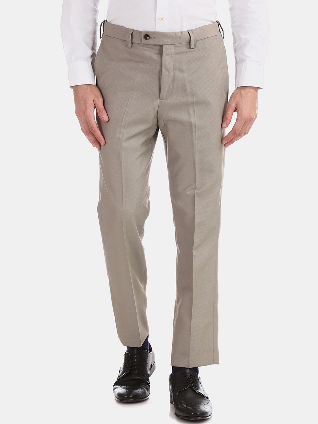 Arrow Men Beige Tapered Fit Self Design Formal Trousers