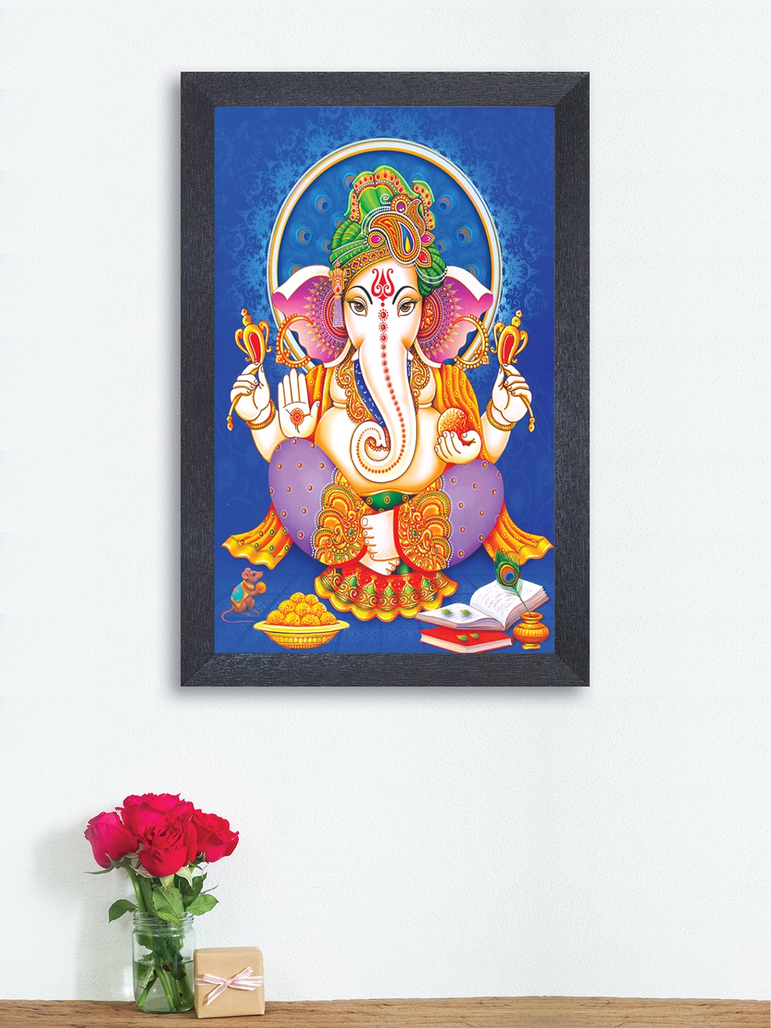 nest ART Blue & Beige Abstract Framed Ganpati Wall Art