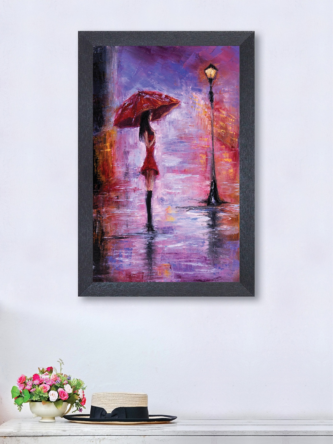 nest ART Purple & Red Girl On the Street On Rainy Night Wood Wall Art