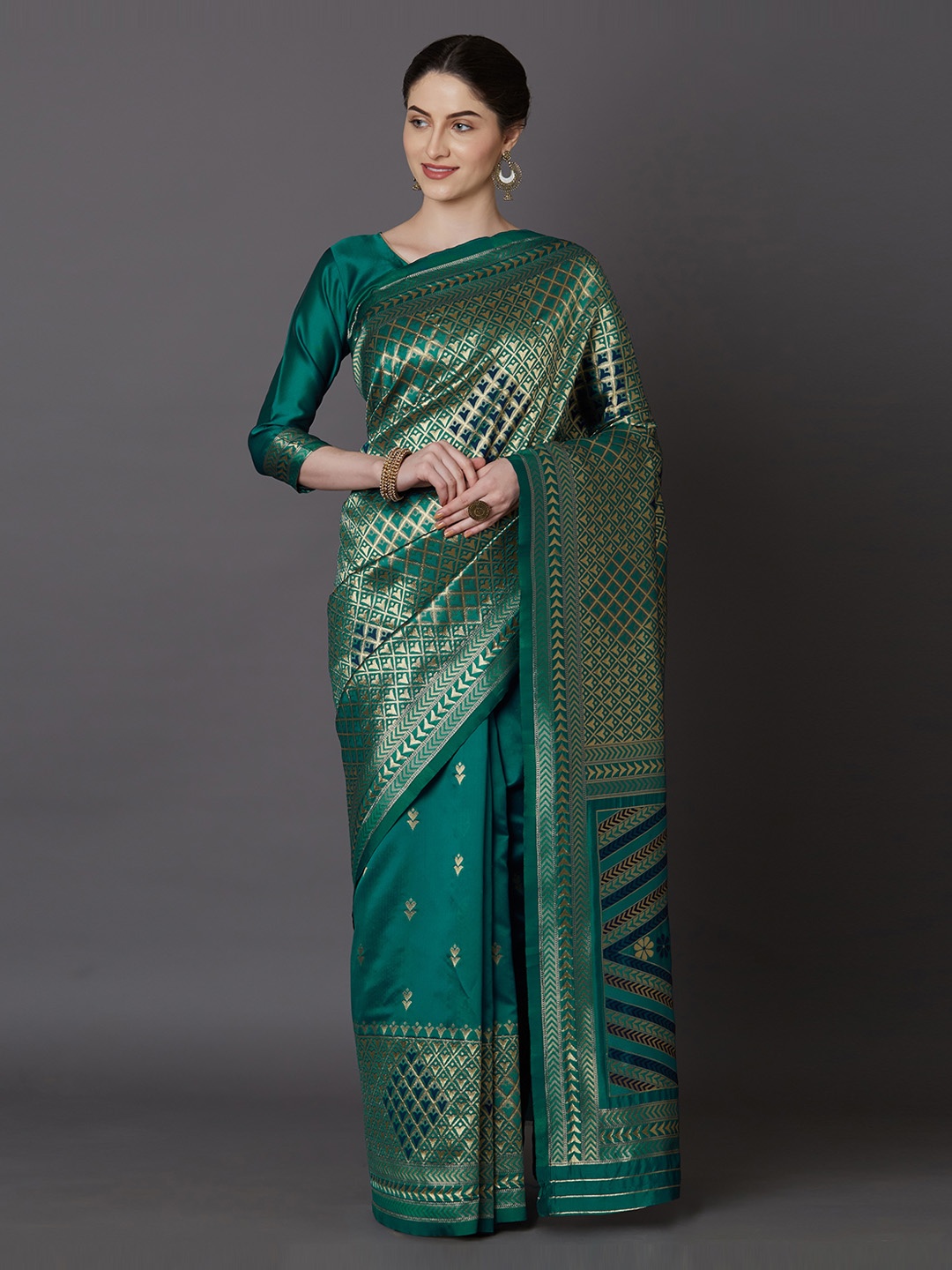 Mitera Teal Green Silk Blend Woven Design Kanjeevaram Saree