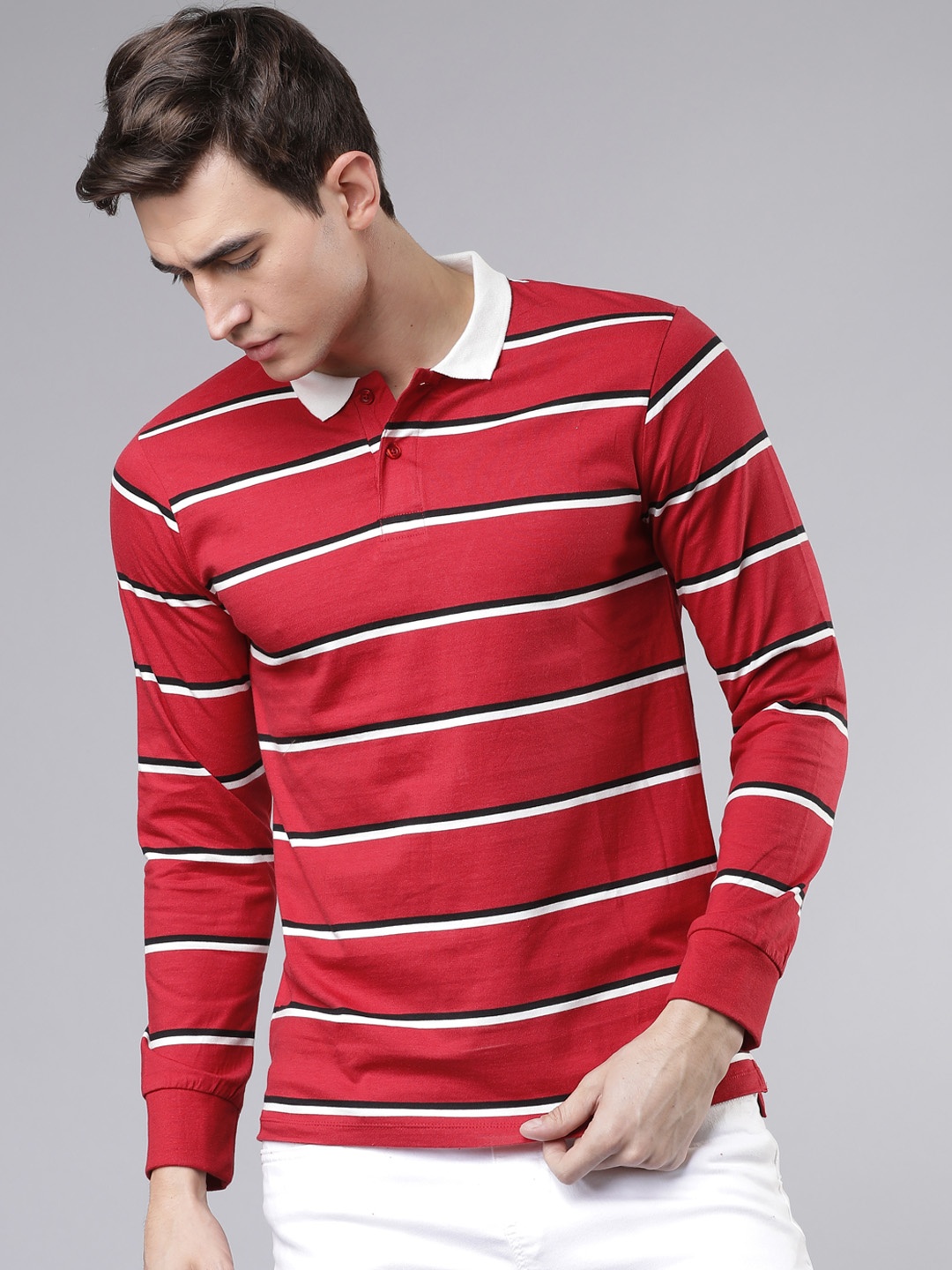 LOCOMOTIVE Men Red & White Striped Polo Collar T-shirt