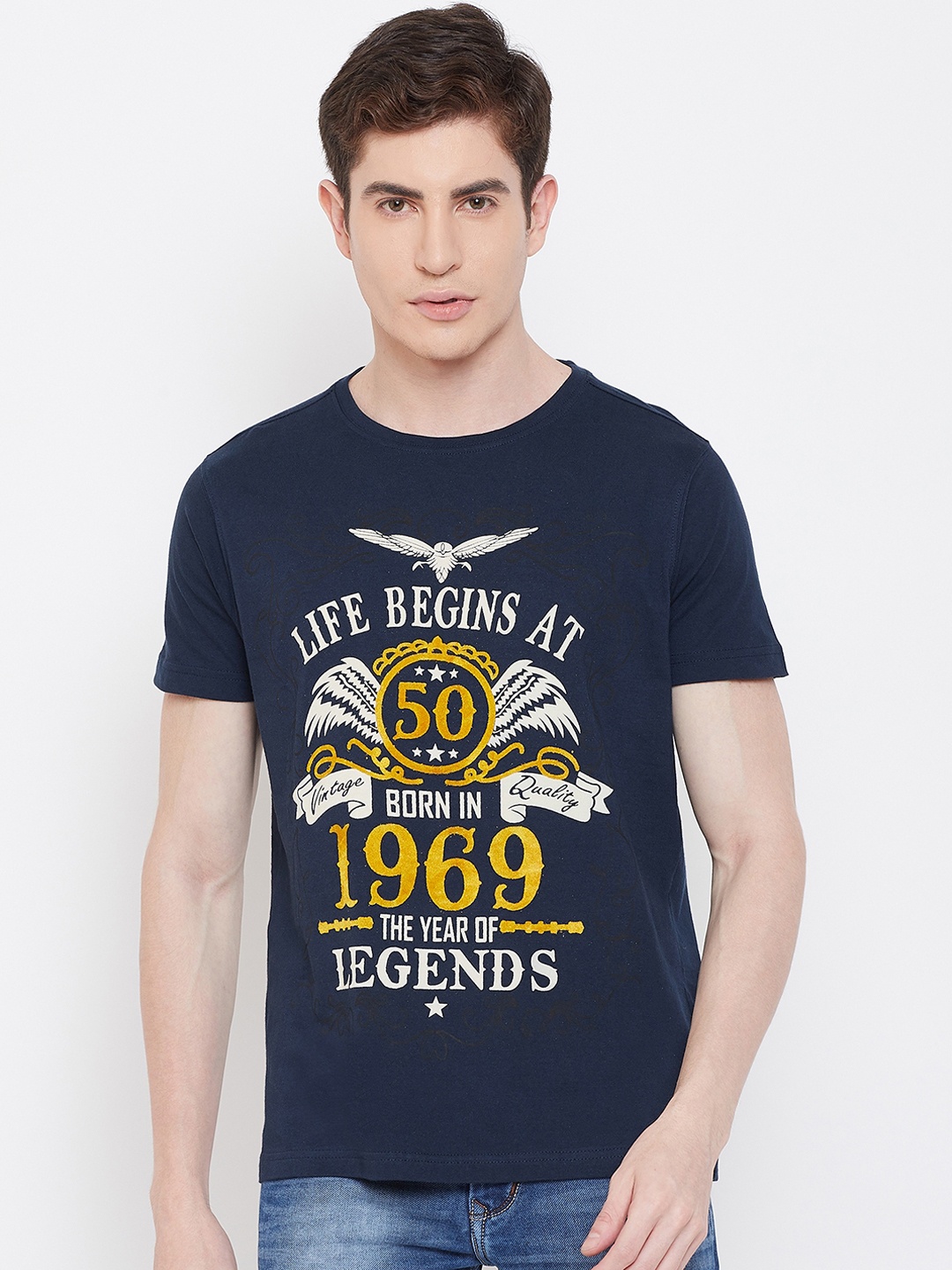 PUNK Men Navy Blue Printed Round Neck T-shirt