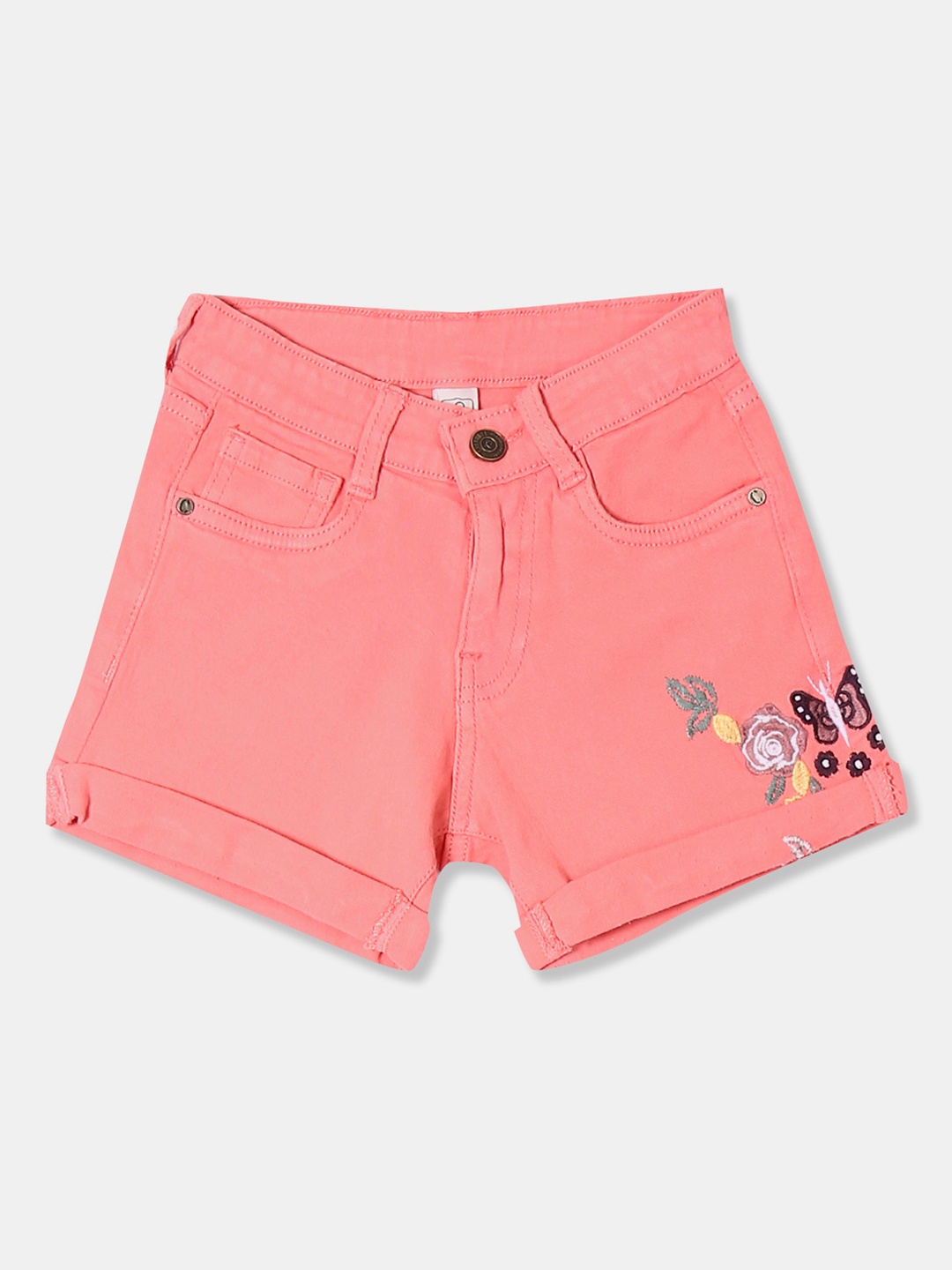 Cherokee Girls Pink Solid Regular Fit Embroidered Denim Shorts