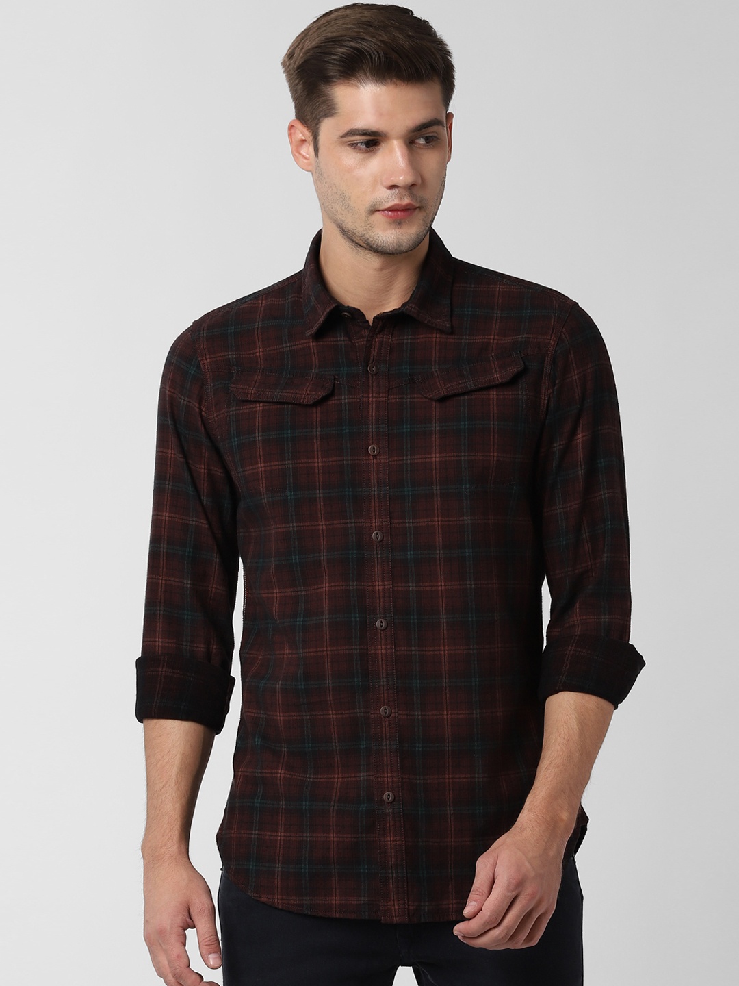 Peter England Casuals Men Maroon & Green Slim Fit Checked Casual Shirt