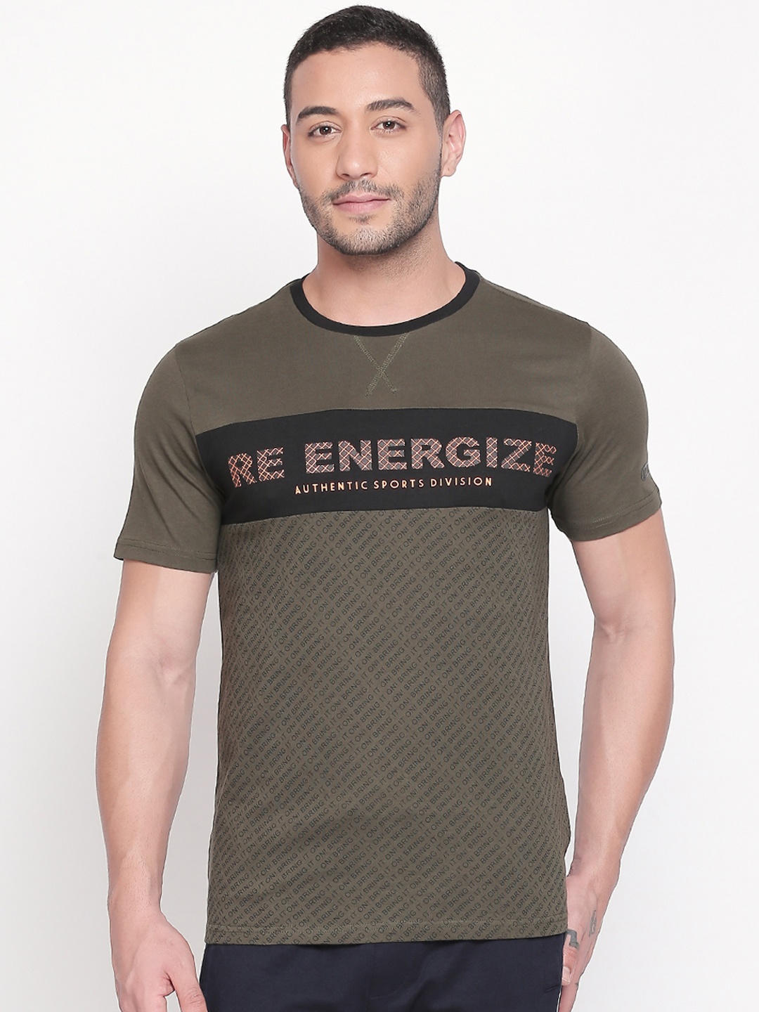 Ajile by Pantaloons Men Olive Green Black Printed Round Neck Pure Cotton T-shirt