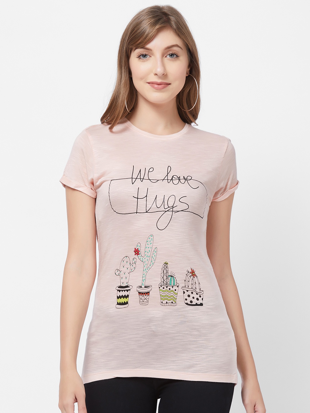 109F Women Pink Printed Round Neck T-shirt